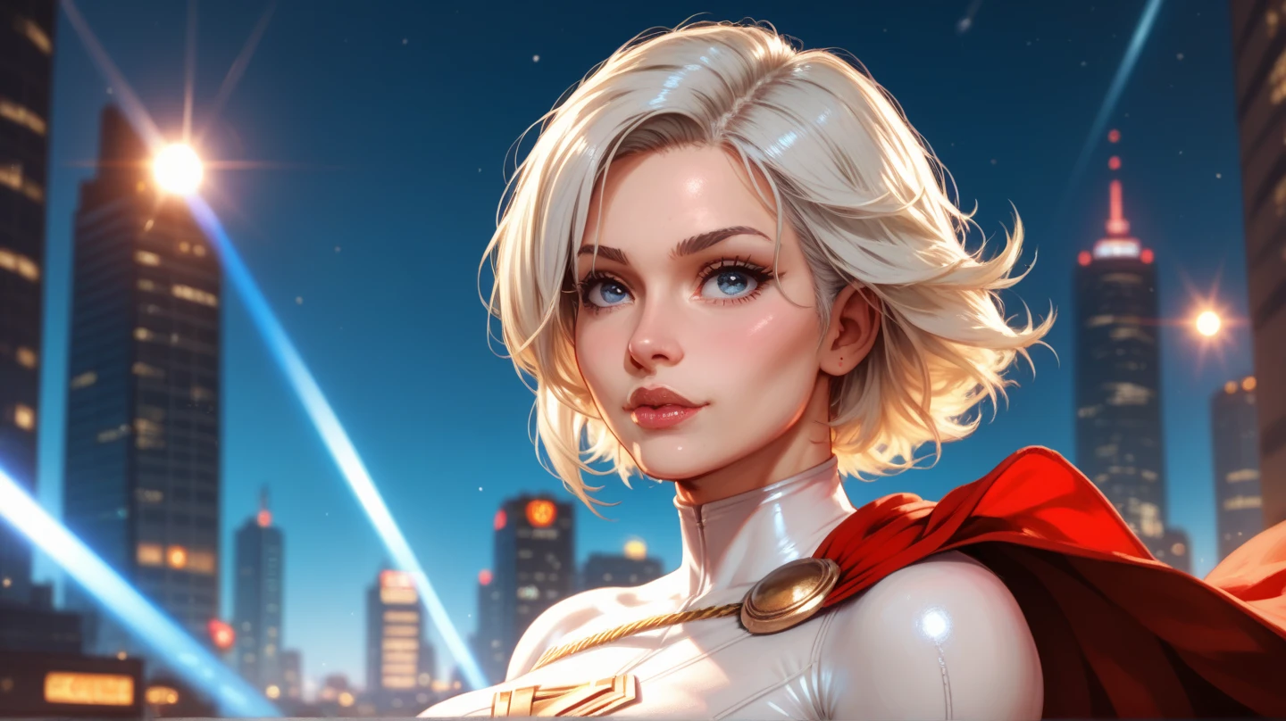 32k hires best quality professional photograph,a BEAUTIFUL girl with white hair in an elaborate Superman costume with long sleeves in white, covering the whole body, Vivid colors, (dramatic lighting:1.3), white capelet , White Superman Costume, Suit with white carbon fiber details, (intricate details:0.9), (HDR, hyper-detailing:1.2), (natural skin textures, hyper realisitc, soft light, Sharp very wet ,detailed_background, full_body, realistic, very cheeky smile, very challenging facial expression The unearthly radiance casts an eerie glow, As she surveys her surroundings with introspectiv complex,  , illustration fractal filigree red/gold and silver, soft golden and silver shimmer reflection rainy glass bubble water or elastic glass-like material, Mysterious ,more saturation 