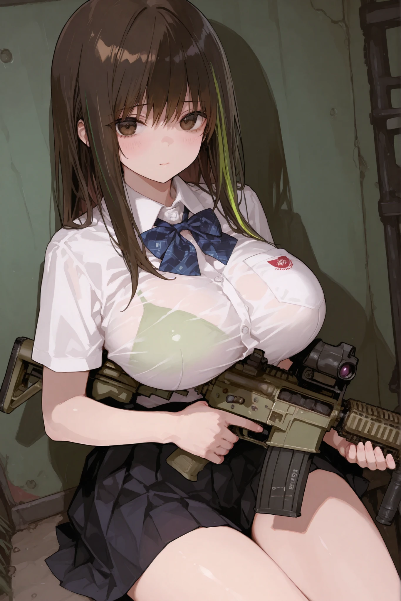 Naked Busty anime girl with black short hair holding an AUG rifle gun on his chest
