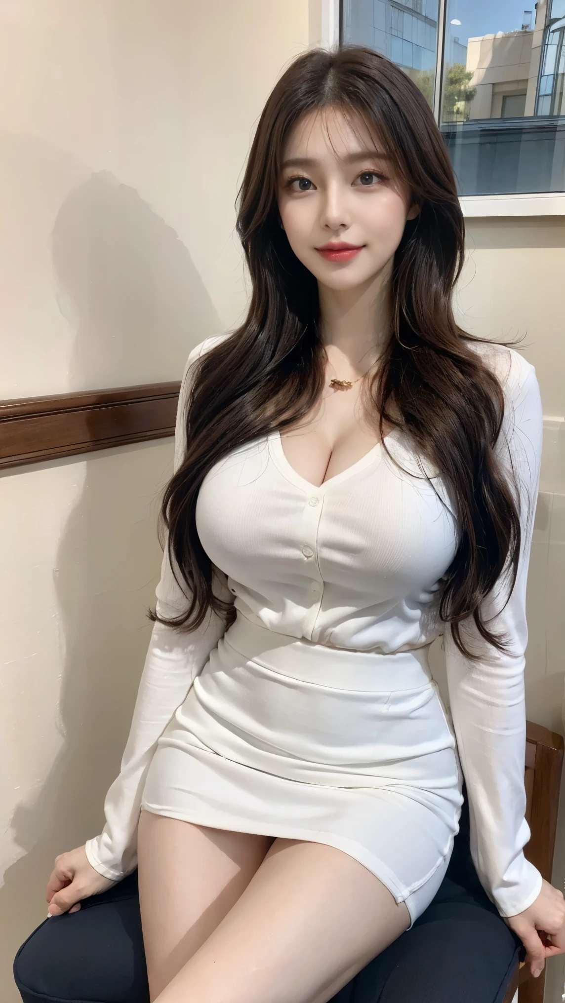 best quality best quality,High quality,masutepiece,Detailed details,hight resolution、Haute,Realistic, resolution,1girl in,Beautiful,beautiful face beautiful face,Beauty of beauty,Medium Hair,Looking at Viewer,red blush|blush and dye,Full body,Mysterious Eyes,Smile with closed mouth,,Black hair,hair clips,Circle earrings,White blouse、White blouses,tight skirts,high-heels,Large breasts,cleavage of the breast,Slim body type,Front Pose,Standing posture,Necklace,evening,In the library,