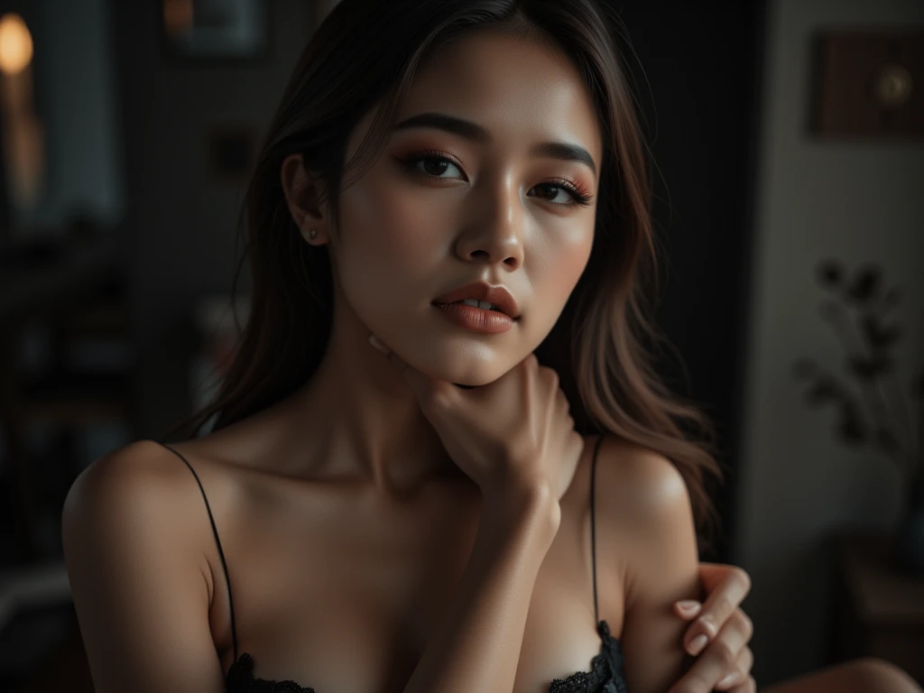 Sexy Korean woman in office look with big breasts biting a used condom and about ten condoms scattered around