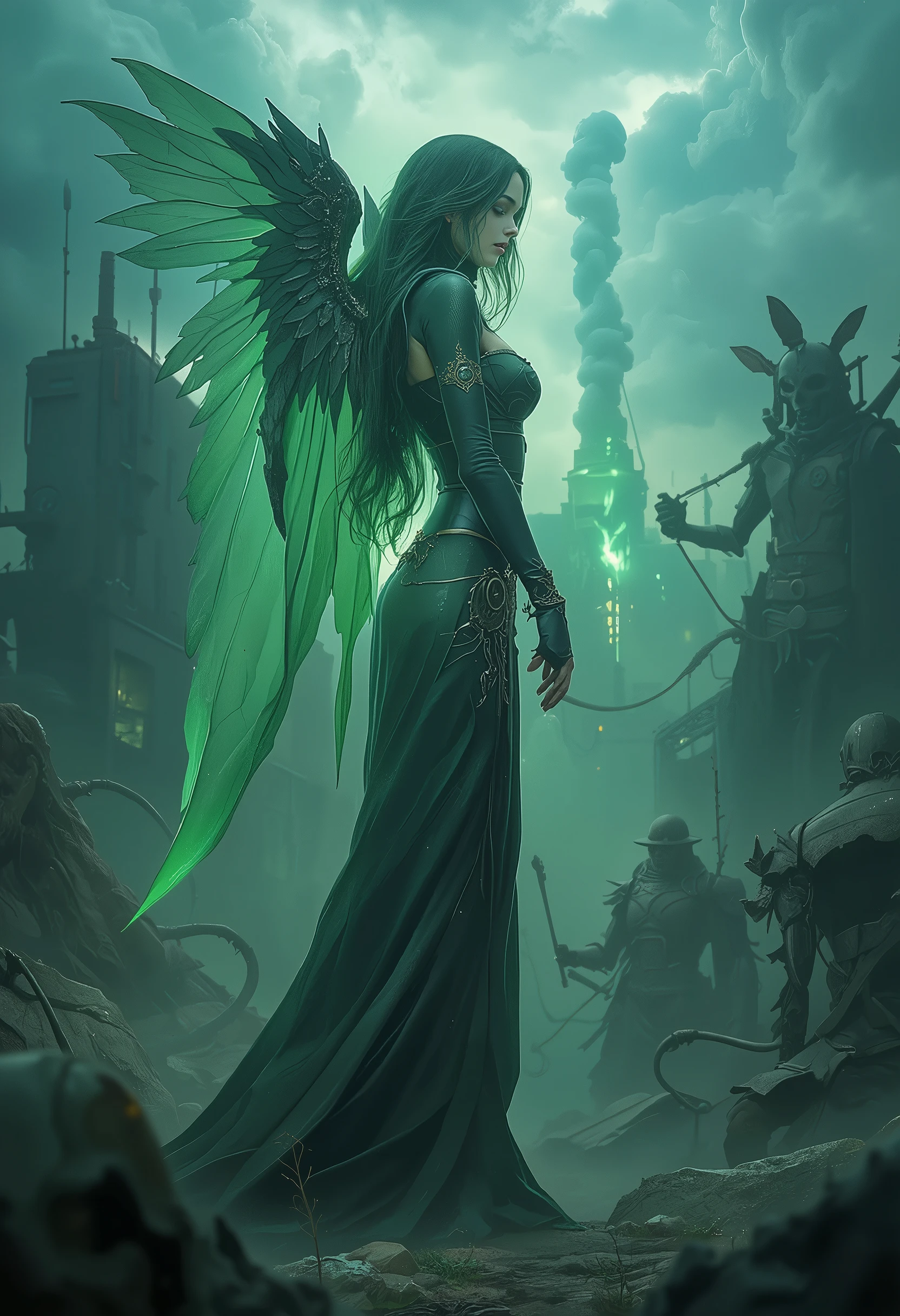 8k,  dark_fantasy, (green Witch,   yellow: 1.5), Angel Face, 1 person, Standing full-body portrait, Mechanical Wonders ,  Robot Presence