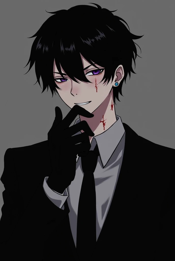 Anime boy, simple straight black hair, panic emotions, pale, black theme, dark, creepy, weird, white shirt, man, thin, dirty, looks scary, black, creepy smile, looks like an addict, blushing, handsome, grayscale, horny, saliva, drooling, nsfw, simple clothes, best hands drawing, best quality, best anatomy, best emotions drawing, one person.