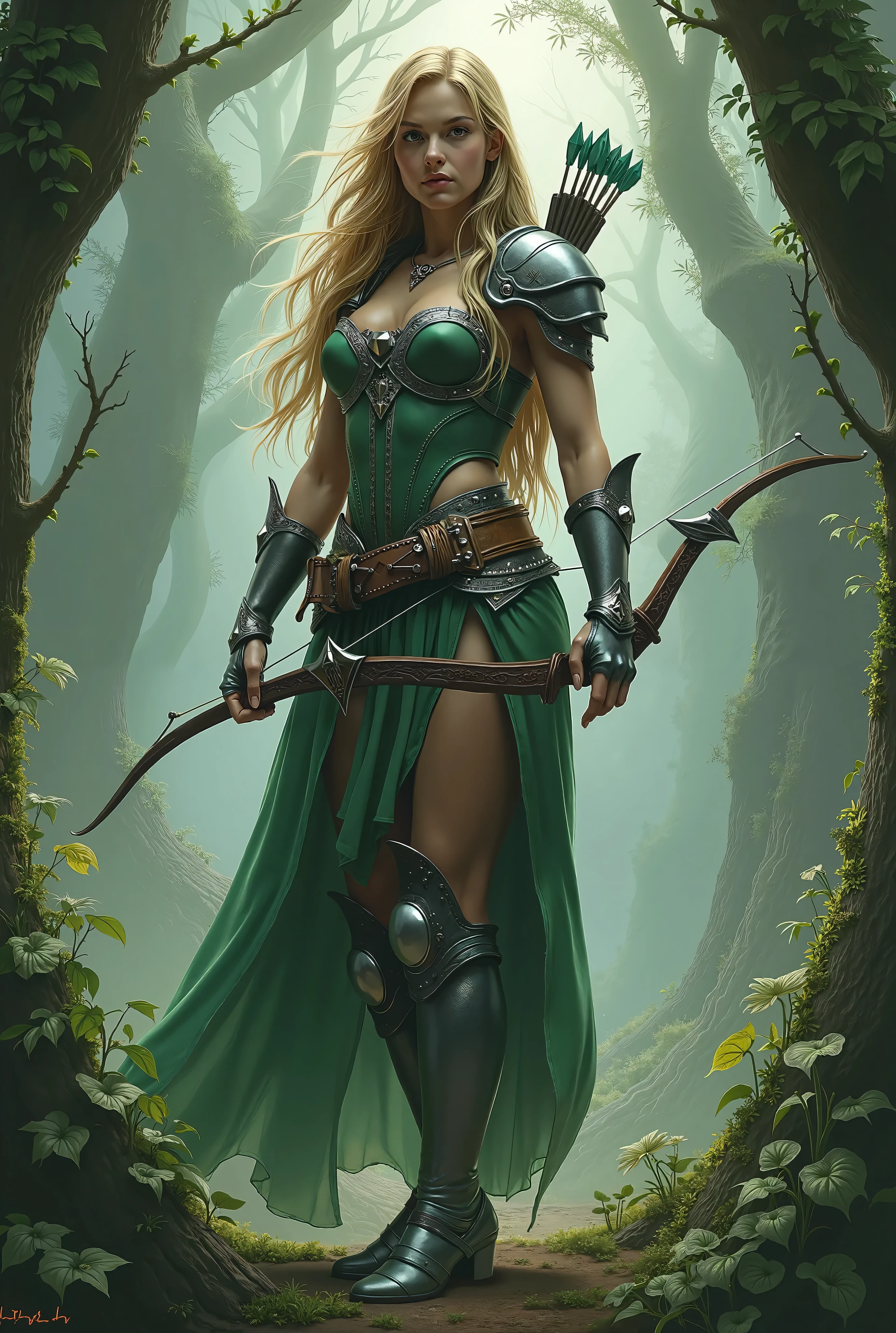 Tall female warrior, 4, long wavy hair, green and silver armor, bow and quiver with arrows, forest in the background, fog
