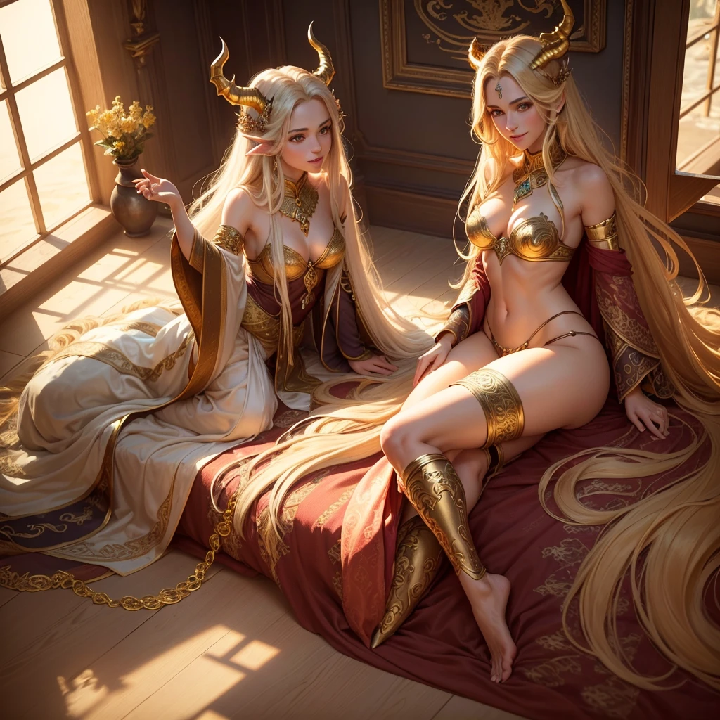 (((The most beautiful young women in the world)))、high-detail、(((top-quality:1.2))),(((​masterpiece:1.2))),large full breasts、Big Beautiful Ass、Beautiful long blonde hair、blue eyess、Slim waist、Pose on all fours、full body Esbian、(1 female)、Beautiful movie lighting、A beautiful ring-shaped eye catch is reflected in the eyes 、strong lighting、 (((Beautiful woman in erotic shiny robes)))、No Underwear、Pichi Pichi、Sheer、Clothes are out of place、Shoulders exposed、Beautiful belly exposed、Chest exposed、Buttocks exposed、(Luxurious rooms full of jewels and gold)、Many candle lights、The robe is beautiful reflecting in the light、Gothic architecture、Wet、dishevled hair、Splattering water droplets、