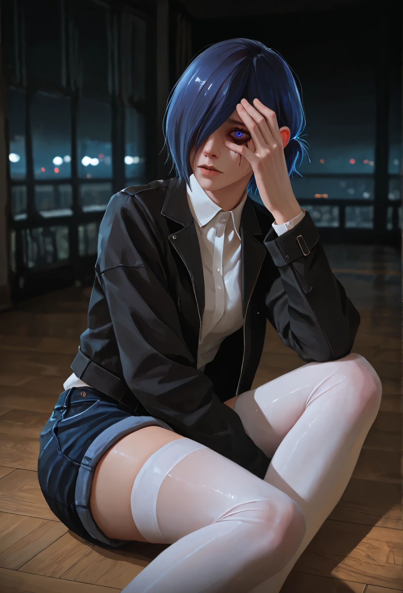 highly detailed, ultra-detailed, finely crafted features, Cinematic lighting, photorealistic, Moody Atmosphere, a young girl, ((short blue-purple hair covering left side of her face: covering one eye)), ((blue- purple eye)), calm face features, Beautiful face, Accurate proportions, White shirt, Gothic neck, black jacket jeans, Black short jeans, white stockings, sitting on the floor in sadness, home style, 8k, dark lighting , masterpiece ((kirishima Touka from Tokyo ghoul))