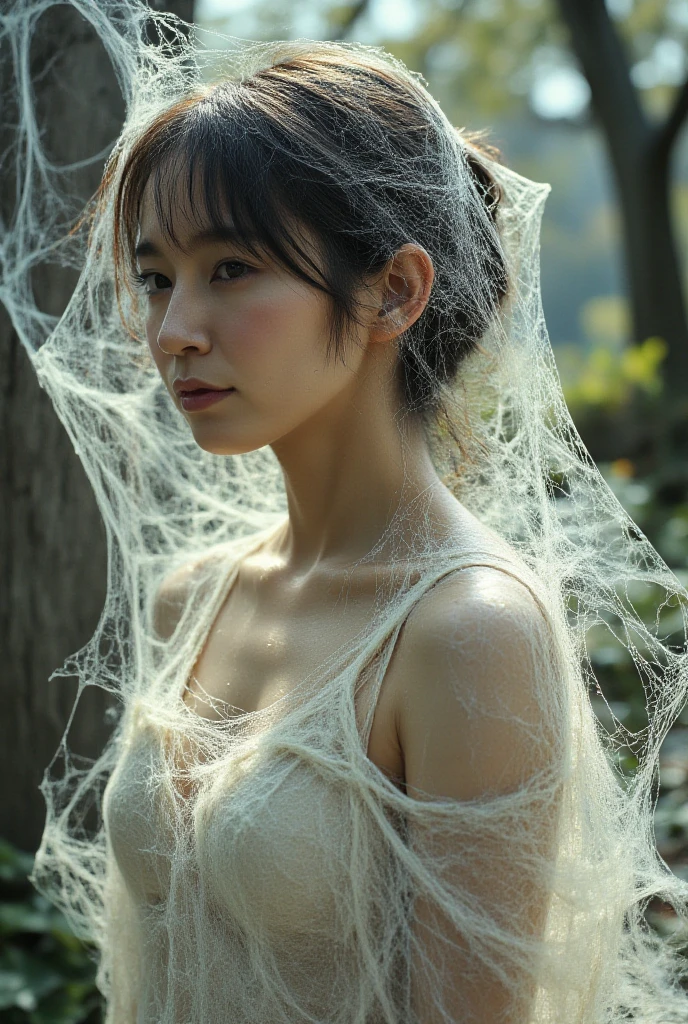 best quality,ultra-detailed,realistic, seductive girl,beautiful detailed eyes,beautiful detailed lips,extremely detailed eyes and face,long eyelashes, struggle, cocoon:1.3, spider web, hanging, detailed classroom, vibrant colors, soft lighting, dark and mysterious atmosphere, subtle shadows, delicate textures, silky web strands, (cocoon:1.3)