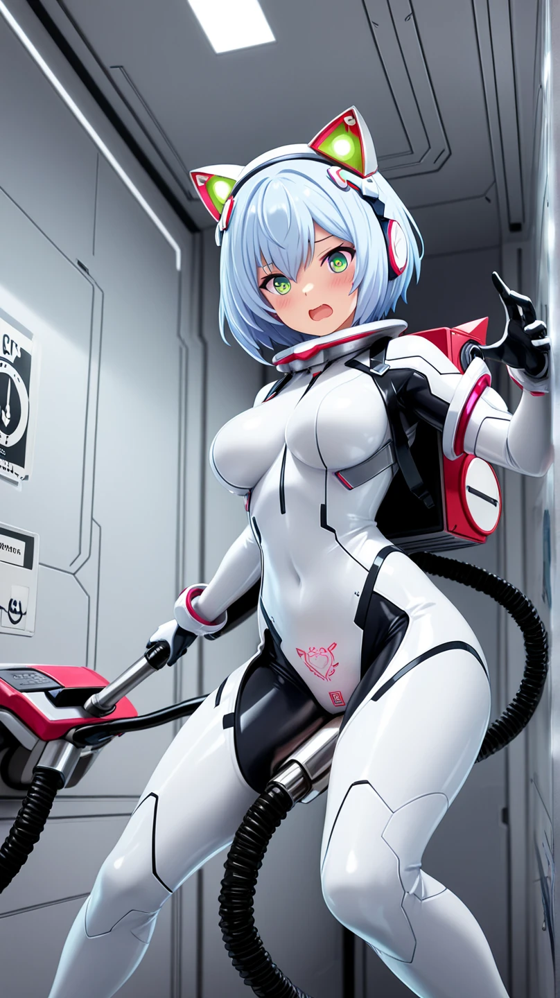 ((of the highest quality)), ((​master piece)), (detail:1.4), Translucent white material with mechanical parts and transparent skin, Beautiful woman in cyber bodysuit made of gray carbon material, Glowing pale with LEDs, (Wide open chest), Ticker (High dynamic range), Ray tracing, NVIDIA RTX, Super Resolution, Subsurface Scattering PBR Texturing, Post-processing, Anisotropy Filtering, depth of fields, Surface Shading, Accurate simulation of light/Material Interactions, perfectly proportions, Two-tone lighting, Wide aperture, Low ISO, White Balance, 8K, NSFW, (((cyber mouth masker))), 25 year old woman, Cyber headgear with dull glowing LEDs, knee high, Dull bangs beautiful short hair, ((Cyber hood with dull glowing LEDs)), beautiful short pink hair, Skin of the hips and thighs, Beautiful body, Chest to feel gravity, (Medium breasts: 1.0), Simple and minimalistic space, upright pose, Looking down, steel mouth masker, close up, (((cyber helemet)))