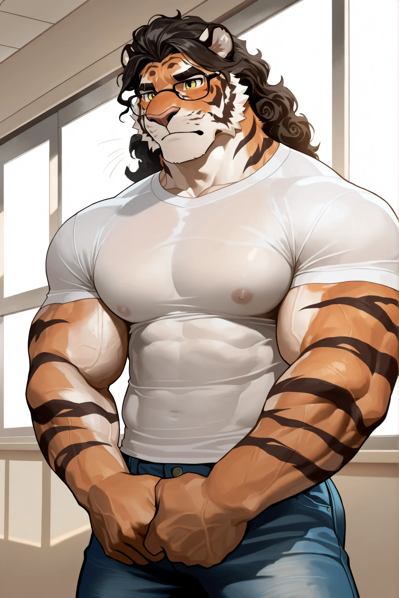 solo, 1boy, A muscular anthropomorphic tiger, standing in a school setting. He is wearing casual clothes, including a simple t-shirt and jeans, with glasses perched on his nose. His posture is relaxed, giving off a calm, approachable vibe as he stands in a hallway or classroom. His muscular build is evident. The school environment is quiet and calm, with soft light filtering through the windows. His expression is friendly and relaxed, exuding warmth and comfort. The style is clean lines, soft shading, and a serene atmosphere, perfect eyes. Long curly hair