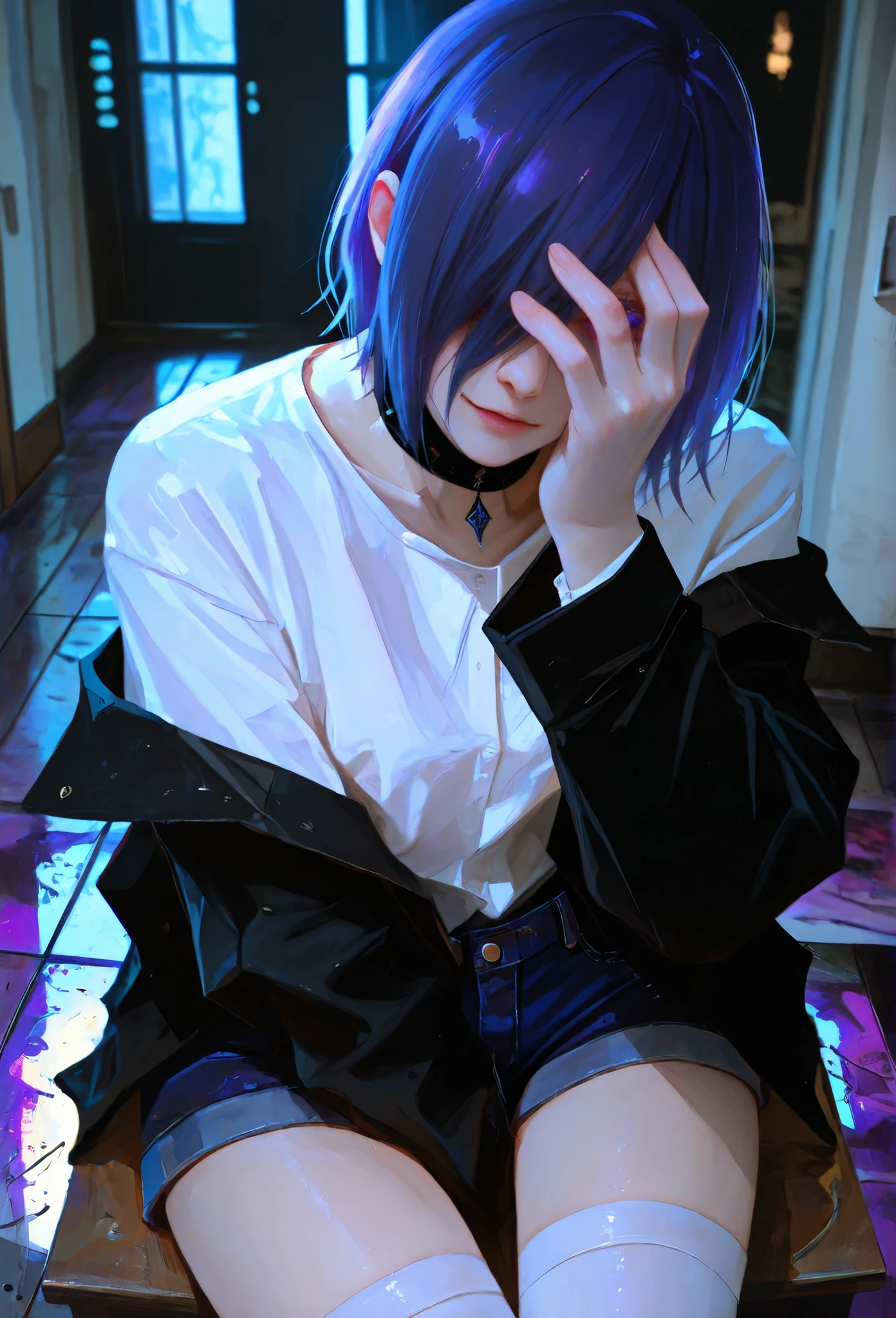 highly detailed, ultra-detailed, finely crafted features, Cinematic lighting, photorealistic, Moody Atmosphere, a young girl, ((short blue-purple hair covering left side of her face: covering one eye)), ((blue- purple eye)), calm face features, Beautiful face, Accurate proportions, White shirt, Gothic neck, black jacket jeans, Black short jeans, white stockings, sitting on the floor in sadness, home style, 8k, dark lighting , masterpiece ((kirishima Touka from Tokyo ghoul))