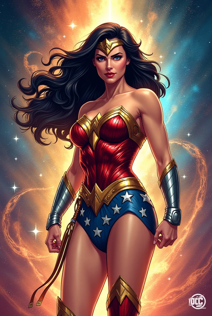 black hair, long hair, blue eyes, tiara, tights, jewelry, star \(symbol\), bare shoulders, neckline, makeup, superhero Only the upper body, wonder woman