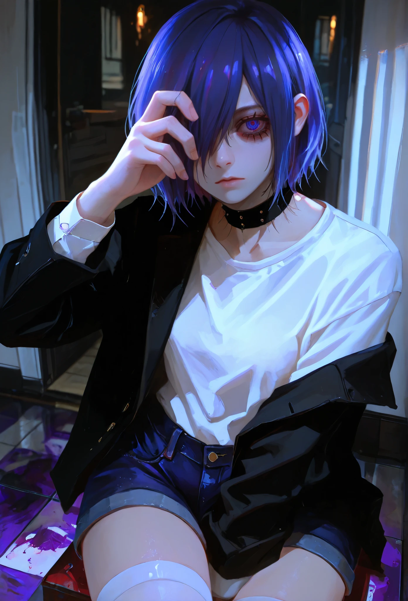 highly detailed, ultra-detailed, finely crafted features, Cinematic lighting, photorealistic, Moody Atmosphere, a young girl, ((short blue-purple hair covering left side of her face: covering one eye)), ((blue- purple eye)), calm face features, Beautiful face, Accurate proportions, White shirt, Gothic neck, black jacket jeans, Black short jeans, white stockings, sitting on the floor in sadness, home style, 8k, dark lighting , masterpiece ((kirishima Touka from Tokyo ghoul))