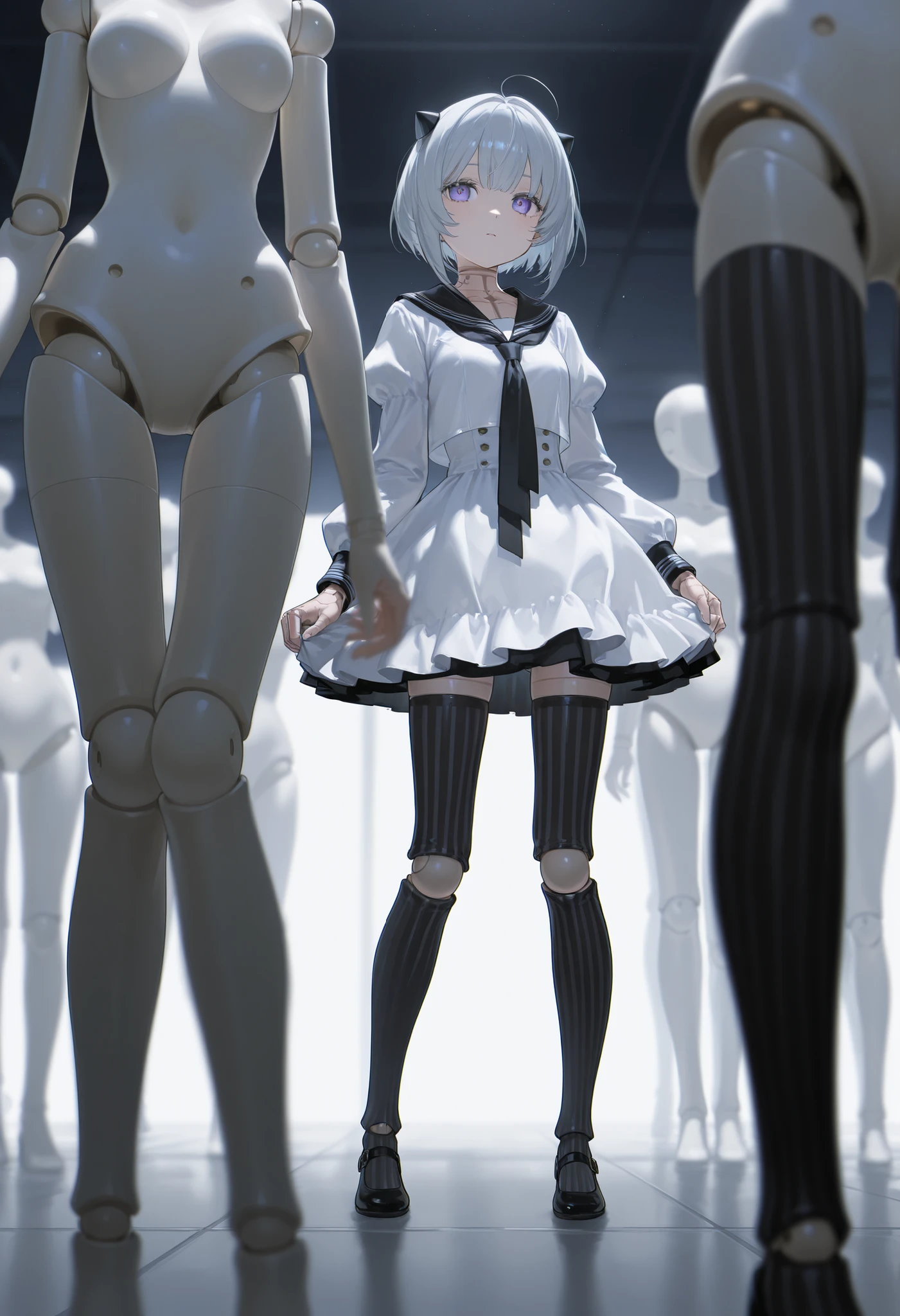 (Full body Esbian).(1 girl:1.4).(Show viewer:1.4).nsfw.bob cut. (thin:2.0). (make your legs thinner:1.8).Long white shirt.(short black skirt:1.5).(big breasts:1.4). black hair.(long legs:1.7).bustling street. (grabbing breast:1.6).blue eyes