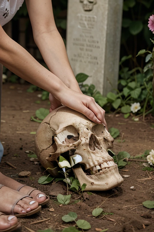 A human skull lies in a pool of blood holding a green branch of a white rose in its teeth