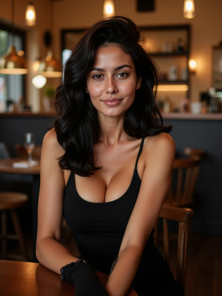 (realist: 1.3), finely detailed, until, Rembrandt Lighting, (masterpiece: 1.2), (fotorrealist: 1.2), (Best Quality), (detailed skin: 1.3), (intricate details), dramatic, ray tracing, sweet girl, European appearance, 35 years, Brown eyes, slightly smiling, full lips, DARK hair, curly hairstyle, huge breasts, Wide hips, Pale skin, Moles, pores in the skin, Not too thin, fitted white dress, deep neckline, deep cut on the thigh, in a cafe on the table, 8K UHD, DSLR, Soft lighting, high quality, film grains.
