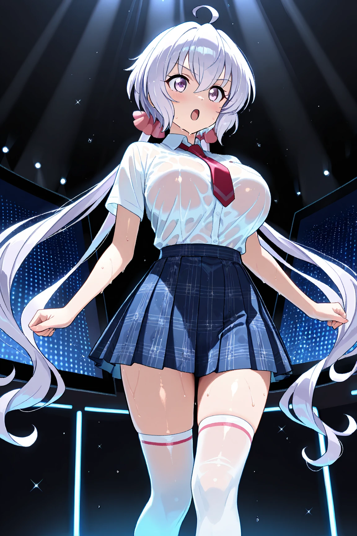 junnyan, 1girl, solo, long hair, purple hair, purple eyes, large , , long sleeves, pleated skirt, , shoes, live stage