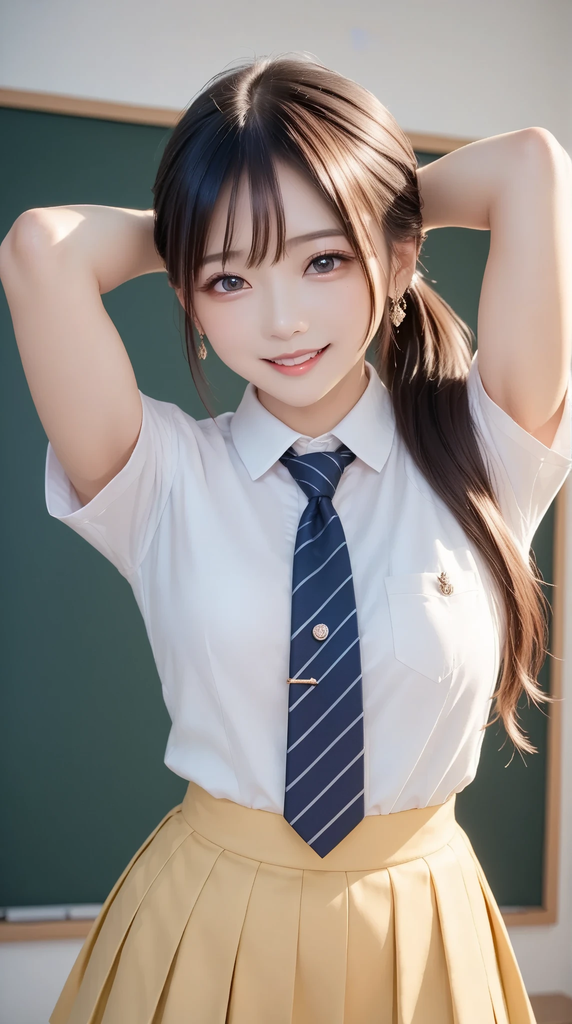 Black hair、Smaller chest、(tiny chest:0.75)、huge areolas、(areolae slip)、puffy areolas、Young adorable Japan face、Portrait of female Japan idol、A Japanese Lady、messy hair style、Popular makeup in Japan、(8K、Raw photography、top-quality、masterpiece:1.45)、1 female,,nsfw,ponytail,serafuku,1girl in, (School uniform:1.0),(NSFW:1.0),classroom,Inside the school、Inside the school building、desk、skirt lift,full bodyesbian、a smile