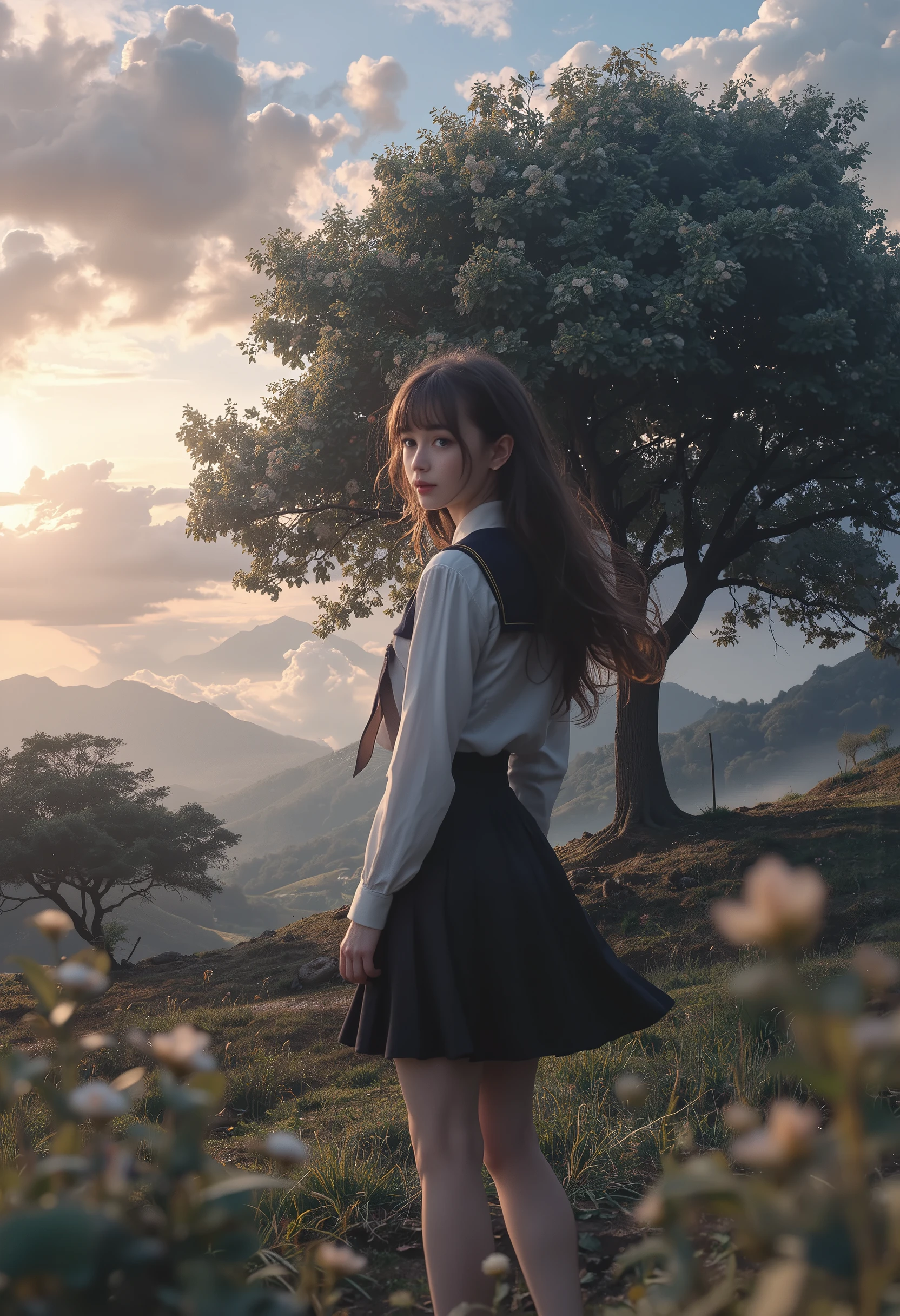 Sally Acorn, girl, solo, tree, null, outdoor, skirt, cloud, brown with swe, hair, moonset, lens, flare, wind景, schools, uniform, moon, wind, length, sleeve,