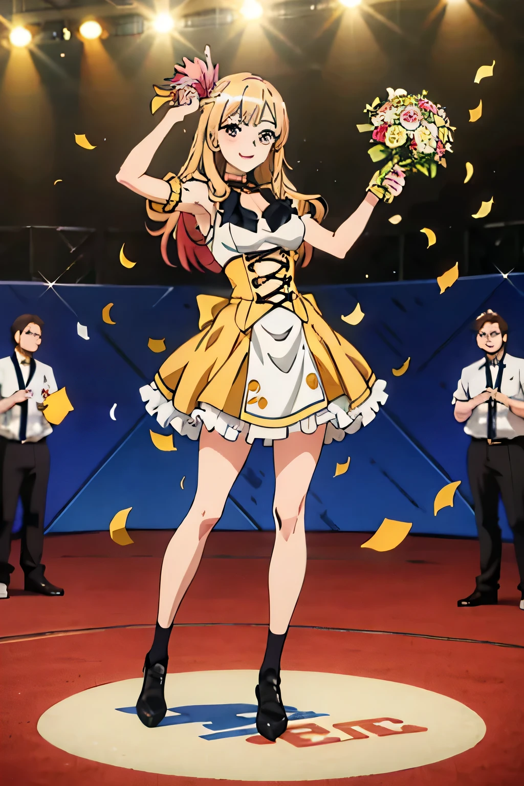 Marin Kitagawa, blonde gyaru anime girl, celebrating her first place victory in a cosplay competition, holding a big golden trophy, smiling brightly, wearing a detailed cosplay outfit, surrounded by confetti and a cheering crowd, anime style, vibrant colors, full body, dramatic lighting