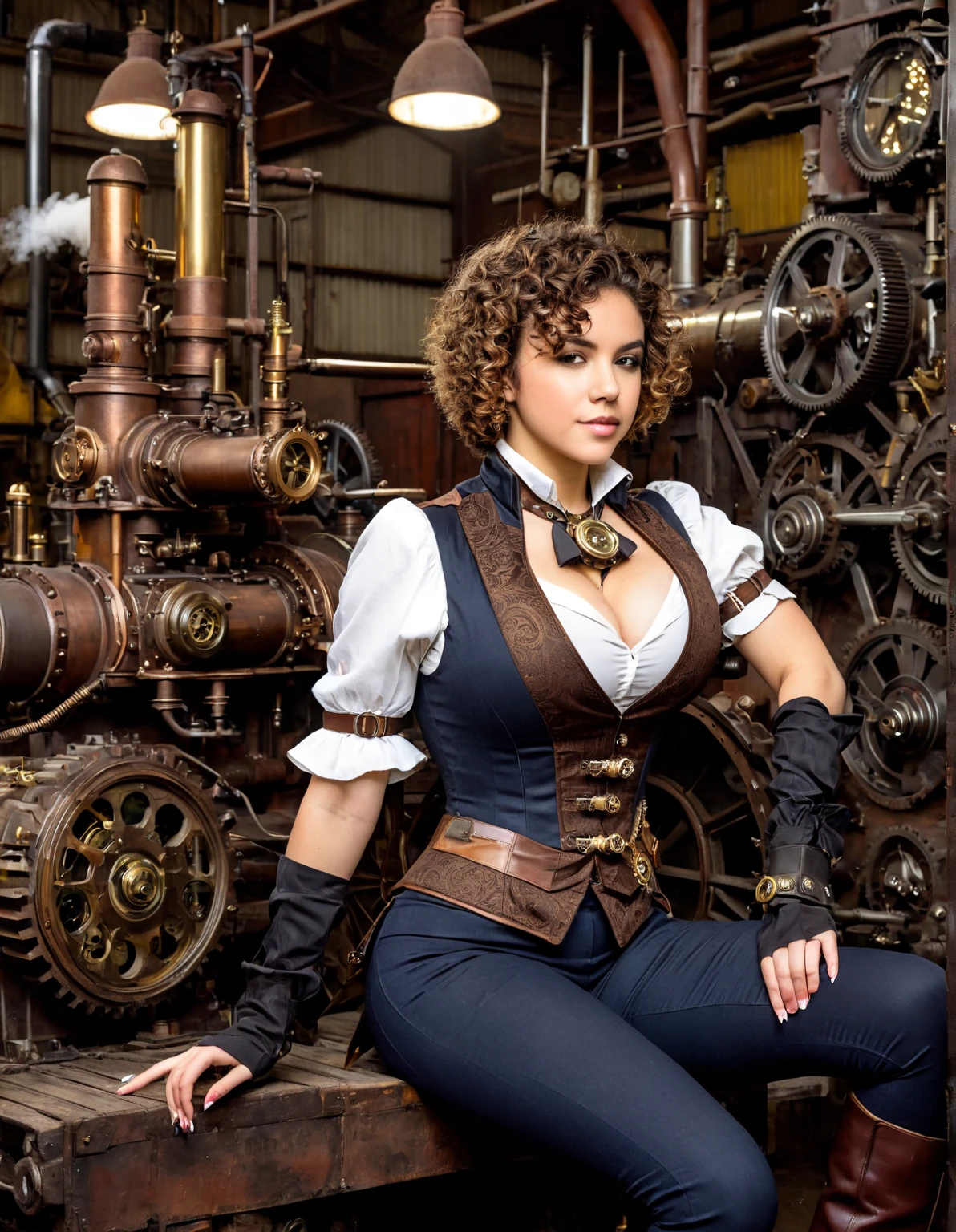 A woman with short curly hair, dressed in a steampunk outfit, sitting in a mechanical workshop with gears and steam engines.
