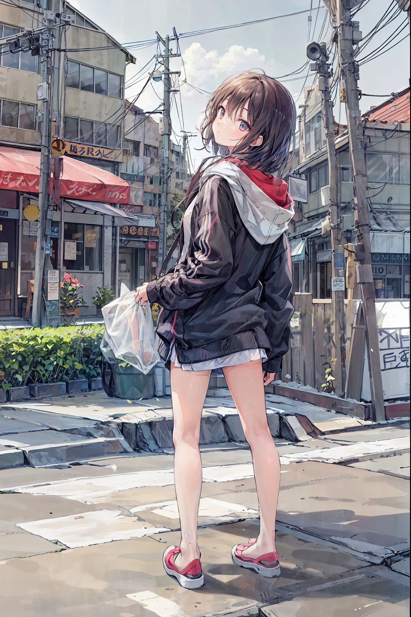 4 Kanata,Wear a hoodie。Download,Butt,nice,beautiful night scene background ,Stand on tiptoes,bends knees,turn your knees outward,Rear View