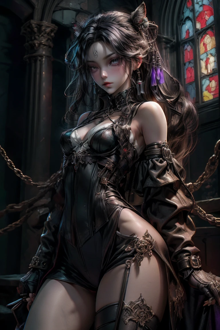 BDSM, In her right hand she is holding a BDSM whip, Disappointed look, Sexy look, Fascinating表情の詳細: 1.4): 0.4], 16K resolution, 4K resolution, (Perfect flat stomach), (Color images), break I. Outfigant, Fascinating, fitted latex corset, Tight latex pants, spouse, fall back, Deep neckline, A belt decorated with mystical symbols, High heel boots, Black and Silver Jewelry. Ⅱ. venue: Gothic castle, Dark and mysterious atmosphere, Dim lighting with chandeliers, A library filled with old magic books, A mirror bordered with magical motifs, Scented candles, Mysterious fog floating in the air. ⅡI. Decoration: Gothic atmosphere, Dim lighting with purple and blue lights, Sleek furniture with black and silver accents, Black velvet curtains, Mirror decorated with magical motifs, Lavender scented candles, break, View your viewers, masterpiece, Highest quality, Very detailed, desire, blush, (Beautifully detailed eye depiction), (Beautiful and elaborate face), Perfect female body, (Highest quality), (Ultra-detailed), (Masseter muscle area), (High resolution), (original), (Very detailed CG Unity 8K 壁紙