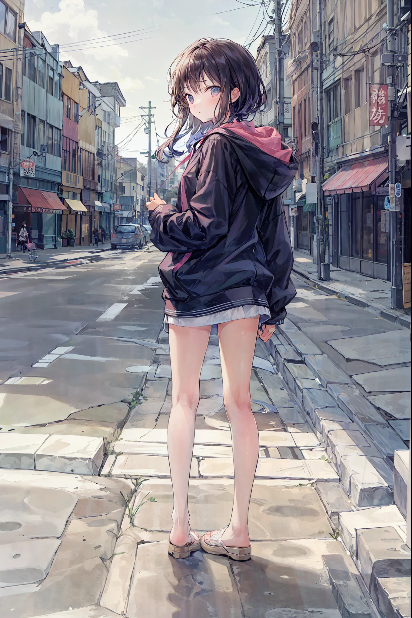 4 Kanata,Wear a hoodie。Download,Butt,nice,beautiful night scene background ,Stand on tiptoes,bends knees,turn your knees outward,Rear View
