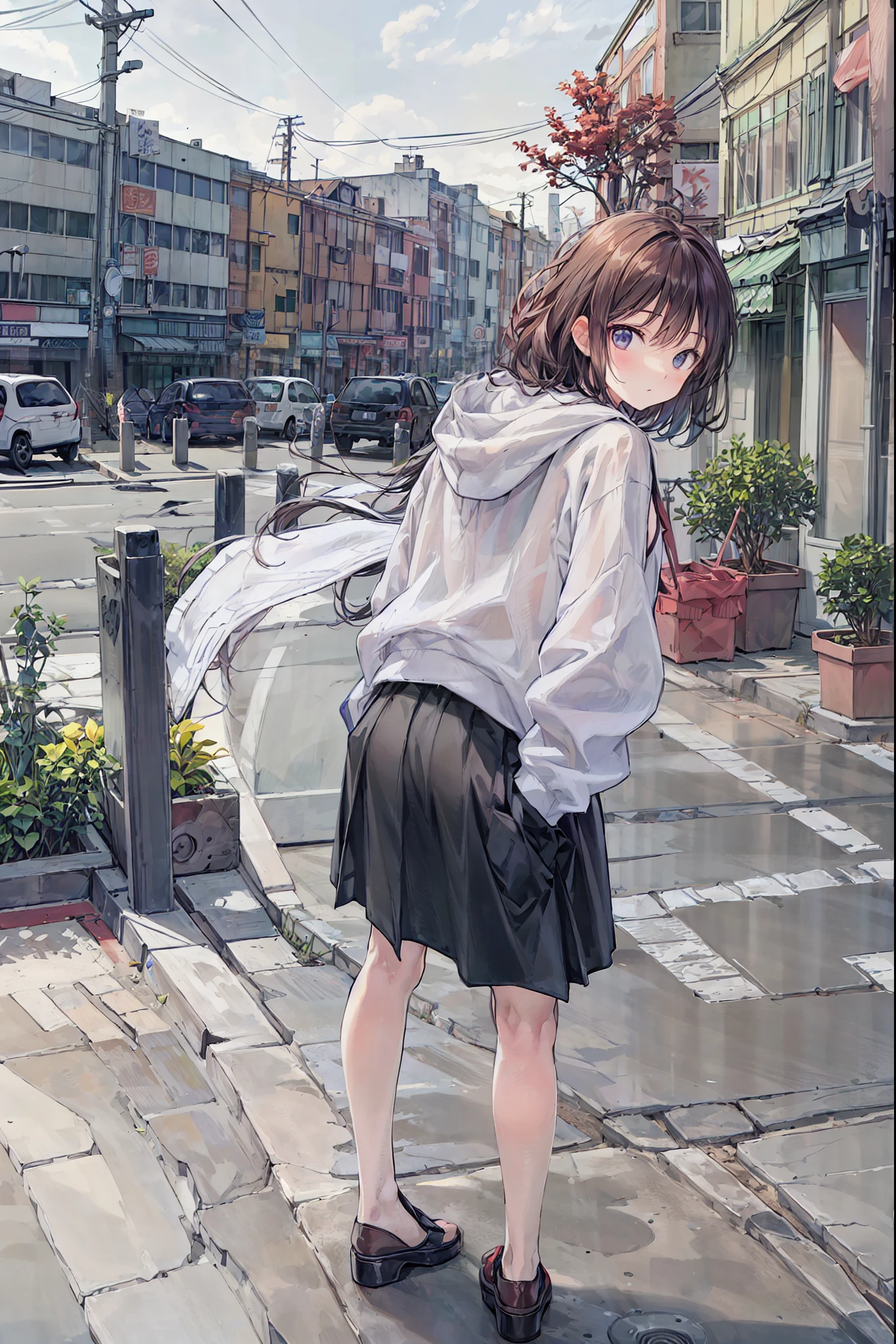  4 Kanata,Wear a hoodie。Download,Butt,nice,beautiful night scene background ,Stand on tiptoes,bends knees,turn your knees outward,Rear View