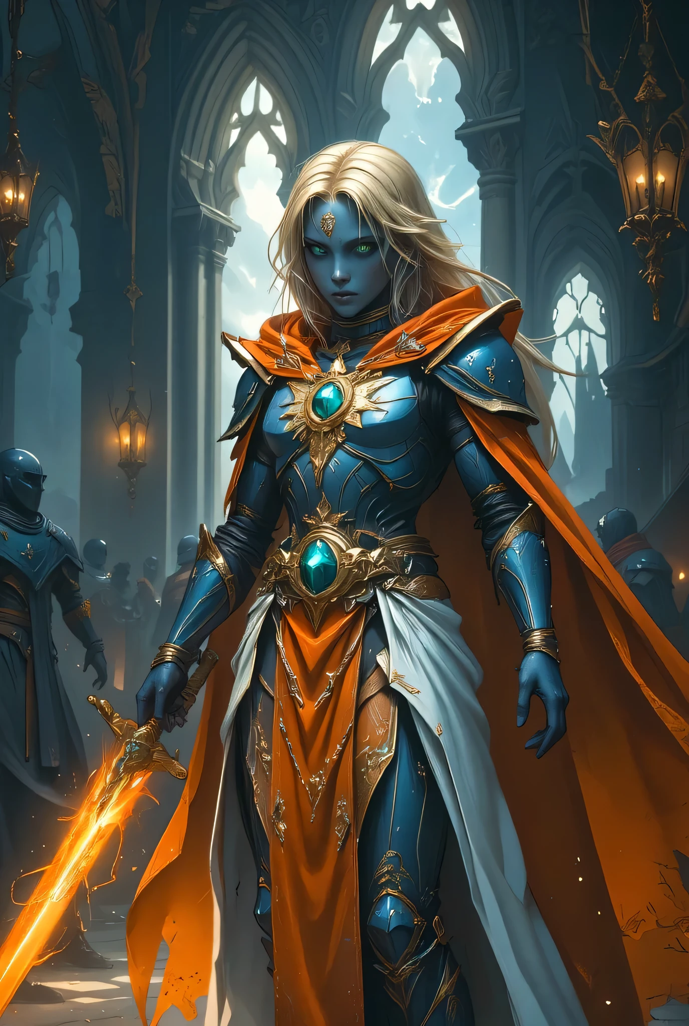 full body picture of a female cleric ((dark blue skin: 1.5)), intense details facial details, exquisite beauty, cleric, (dark blue skin: 1.5)) female, ((yellow hair: 1.5)), long hair, (((no ears: 1.5))), (green eyes: 1.3), armed with a fiery sword red fire, wearing (twilight priestly combat vestments: 1.5), wearing white armor, wearing high heeled laced boots, wearing an (orange cloak:1.3), wearing glowing holy symbol, fantasy art, dnd art, RPG art, wide shot, (masterpiece: 1.4) intense details, highly detailed, photorealistic, best quality, highres, within fantasy temple background, reflection light, high details, best quality, 16k, [ultra detailed], masterpiece, best quality, (extremely detailed), close up, ultra wide shot, photorealistic, RAW, fantasy art, dnd art, fantasy art, realistic art,((best quality)), ((masterpiece)), (detailed), perfect face, zavy-ctcmcs, ArsMJStyle, dnddarkestfantasy