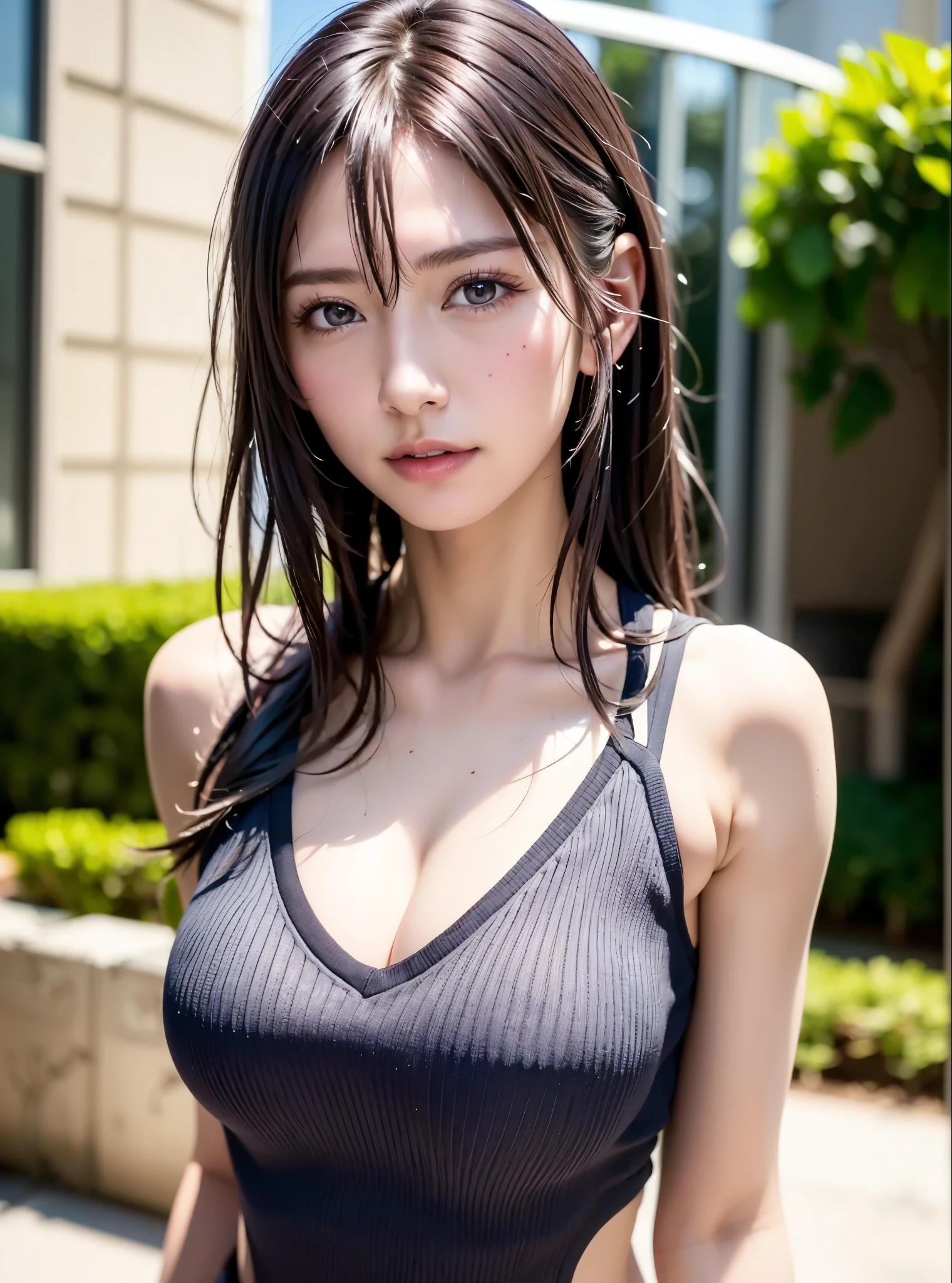 (photographed:1.2)、(Photorealsitic:1.4)、(​masterpiece:1.3)、(top-quality:1.4)、超A high resolution、(A detailed eye)、(detailed facial features)、(detailed clothes features)、8K resolution、solofocus、bangss、Double eyelids、Beautiful lips、toned legs、(Slender girl)、(a japanese girl)、(Japan Faces)、1 girl in、Slim Beauty:1.3、black haired、Delicate hair、(Colossal tits:1.2)、Daikanyama、Street、Realistic body、de pele branca、glistning skin、sexy body、(long-hair:1.2)、(bangss: 1.2)、Bruises and ugly face、kawaii faces、Lifelike face、Delicate body、(Detailed Cafe)、Detailed street fashion、(Wear a detailed jersey:1.5)、Terrace seating、((sexy  pose))、stunning lighting.heavy hanging breast.full body