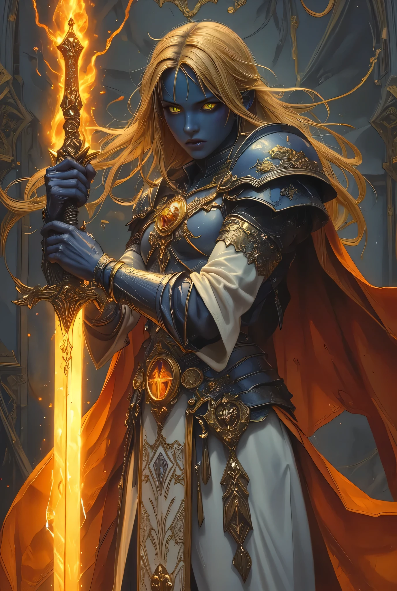 full body picture of a female cleric ((dark blue skin: 1.5)), intense details facial details, exquisite beauty, cleric, (dark blue skin: 1.5)) female, ((yellow hair: 1.5)), long hair, (((no ears: 1.5))), (green eyes: 1.3), armed with a fiery sword red fire, wearing (twilight priestly combat vestments: 1.5), wearing white armor, wearing high heeled laced boots, wearing an (orange cloak:1.3), wearing glowing holy symbol, fantasy art, dnd art, RPG art, wide shot, (masterpiece: 1.4) intense details, highly detailed, photorealistic, best quality, highres, within fantasy temple background, reflection light, high details, best quality, 16k, [ultra detailed], masterpiece, best quality, (extremely detailed), close up, ultra wide shot, photorealistic, RAW, fantasy art, dnd art, fantasy art, realistic art,((best quality)), ((masterpiece)), (detailed), perfect face, zavy-ctcmcs, ArsMJStyle, dnddarkestfantasy