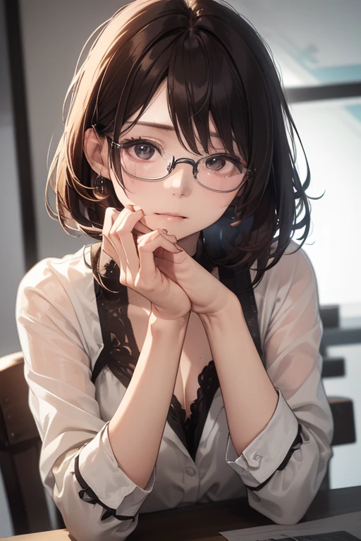 A teenage girl with a cute appearance, wearing large round glasses, looks slightly disheveled as if she just woke up. Her hair is slightly messy, giving her a natural, sleepy look. She has a cigarette in her mouth, lit and softly burning, adding a touch of rebelliousness to her otherwise innocent and sleepy expression. The lighting is soft and natural, highlighting the contrast between her youthful appearance and the cigarette she holds.