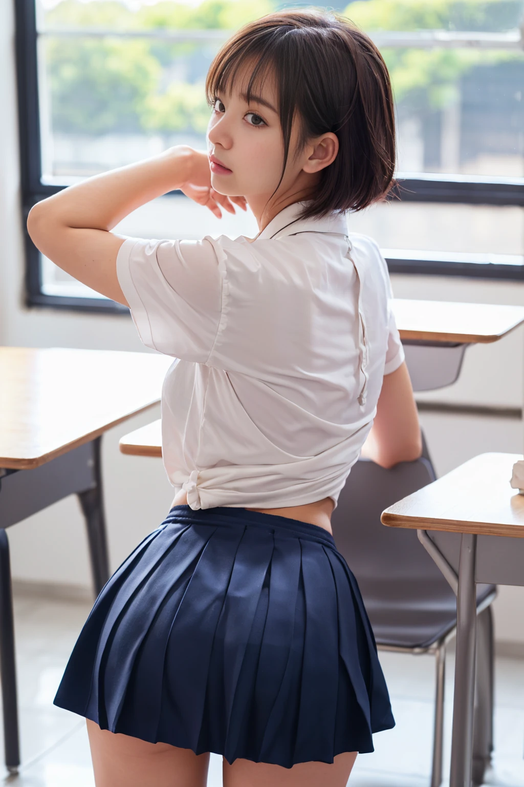 (((masterpiece, Highest quality, High resolution, 超High resolution, Pixel perfect, Written boundary depth, 4K, RTTX10.0))), Beautiful school girl, Beautiful art style, ((Smooth texture, Realistic texture, Anime CG Style)), Exact finger count、Exact number of legs、(Exact number of hands:1.0), (Perfect hands, Perfect Anatomy.1.5), Cinematic, Realistic, Highly detailed CG, Daytime lighting, Perfect lighting, Best Shadow, The best natural light, Perfectly balanced style, Perfect body, (Slender body, Beautiful breasts), Small beautiful butt, whole body, ((bangs, Dark brown hair, Bobcut)), ((A beautiful girl sitting on a chair with her panties fully visible from behind:1.4)), ((Beautiful eyelashes)), ((Detailed face:1.2)), (Fashionable white shirt, Navy blue sailor collar, Sailor suit, Navy pleated mini skirt:1.3), (Sexy and cute light blue panties, Shiny satin side-tie light blue panties, Light blue panties with black lace edging, Ultra detailed panty folds:1.3), (Embarrassed expression:1.3), (blush:1.1), (School classroom, The back of the chair is behind your back, During class:1.3), From directly behind, (Detailed eyes and face:1.3, Professional photography techniques), (Detailed hands)