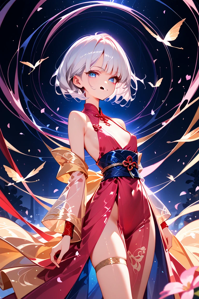 (Masterpiece), (Top Quality Anime Illustration), (Super Definition), One Girl, Solo, Beautiful Girl with Silver Hair, Anime Loli, Cat Ear Loli, Pale Red See-Through Cheongsam, Short Cheongsam, Sleeveless, Smile, Cleavage Emphasis, Lower Breast Emphasis, Thighs, Tarot Card Style, Power