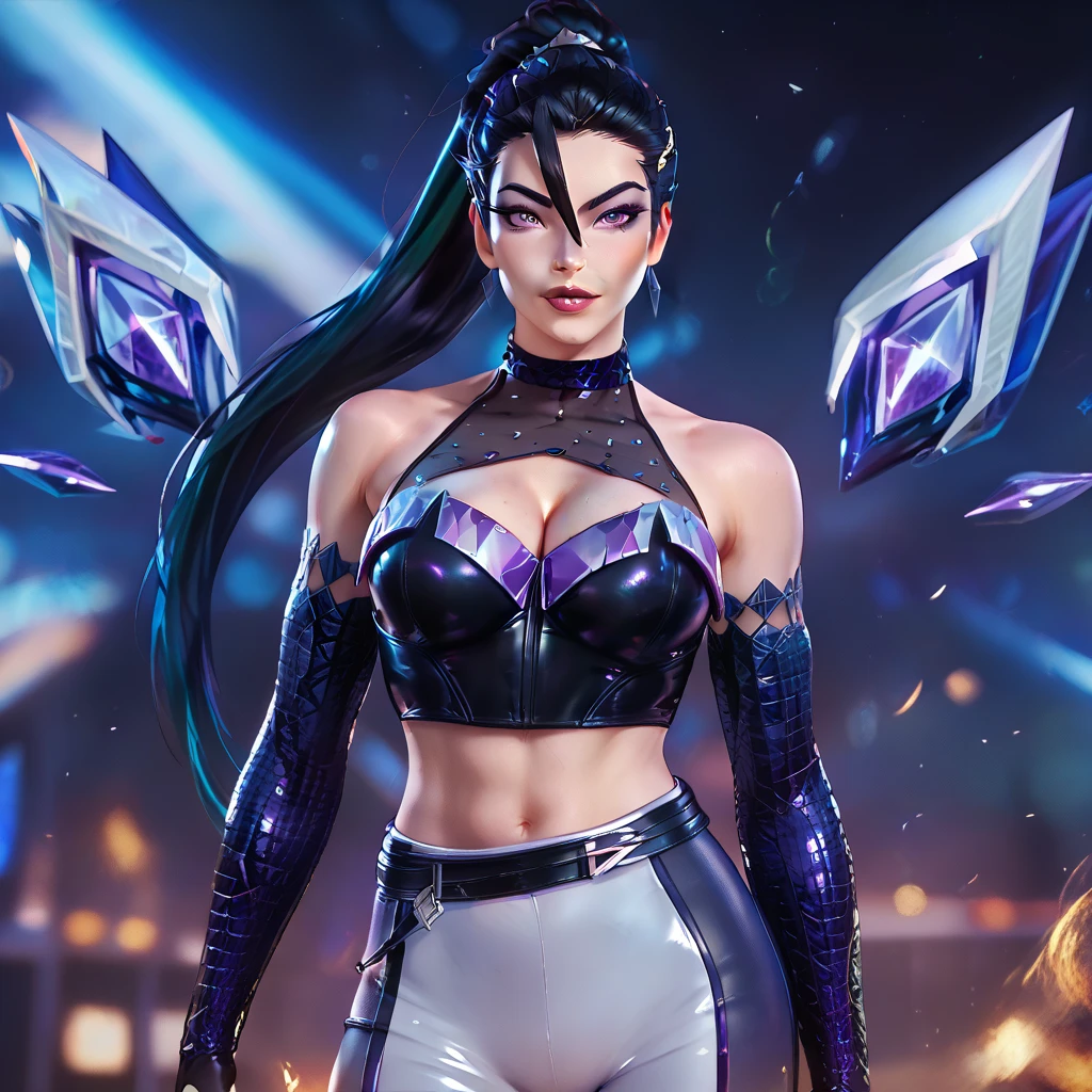 1girl, kaisakda, purple hair, long hair ponytail, ((official k/da_(league_of_legends) outfit)), ((fully clothed)), elbow gloves, bare shoulders, (simple pose), simple background,