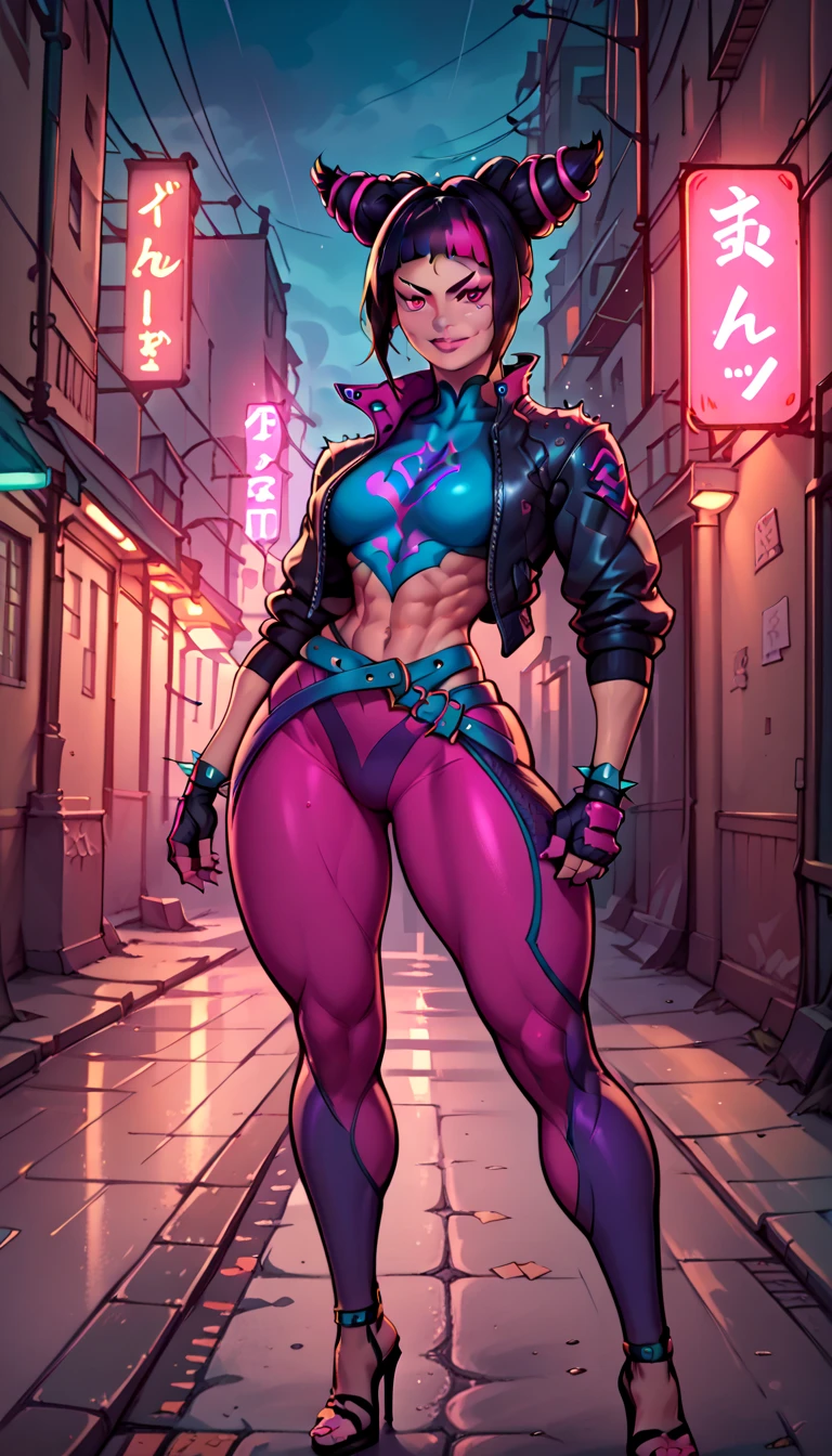 (best quality:1.5),(high resolution:1.5), (fullbody:1.3), 1girl, bikini, cyberpunk, neon, mist, (cartoon: 1.1), sexy, simple thong, big chest, tight, small, small, neon signs, very low fish net, transparent, mohawk hair, dynamic pose, huge tits, big chest, big neckline, (((small erection under clothing))), bare arms, thong only, pubic hair visible through the thong, Landstrip style pubic hair, slim body, ((slim waist:1.1)), ((fitness abs:1.1)) --auto --s2