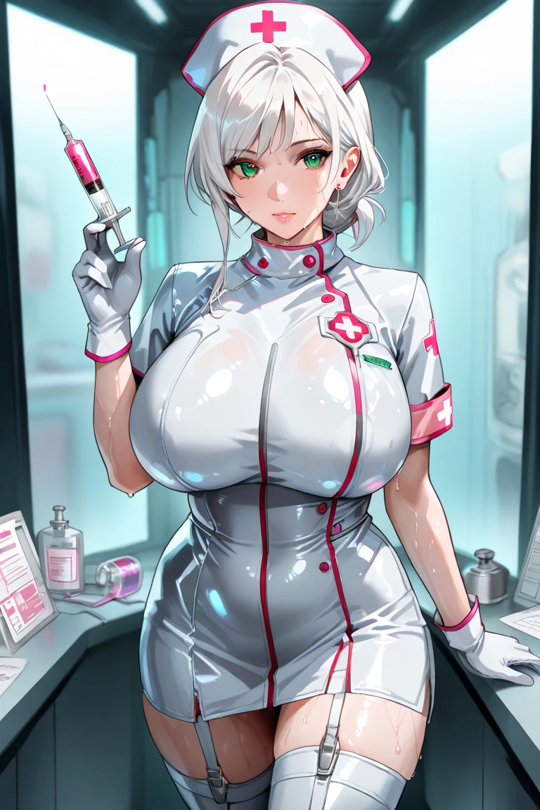 masterpiece , best quality , 1 sexy girl , (1 goose:1.2) , lab coat, doctor's white robe , (covered nipples:0.9) , (gigantic tits:1.2) , (thick arm:1.1) , thick thigh , gigantic hip , (white hair:1.1) , (plump:1.1) , surrounded by sci-fi machinery and monitor , (black glasses:1.1) , (evil smile:1.1) , (holding red crystal:1.2) ,