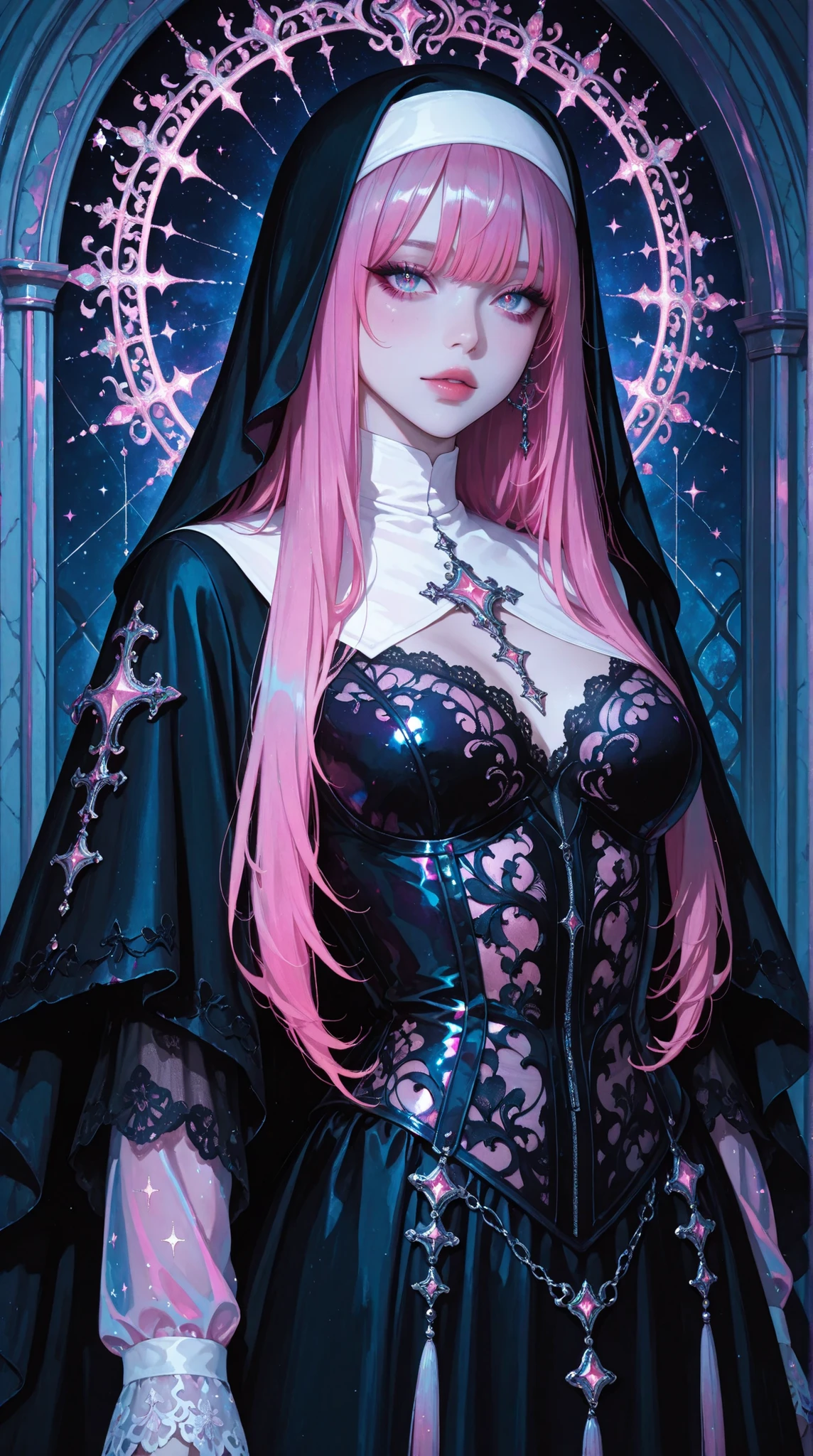 A captivating digital painting of a gothic, ethereal woman, styled as a nun with flowing, vibrant pink hair, dark, detailed lace bodice and long sleeves, and a dramatic black cloak. The image is rich with shimmering pink accents, sparkling gems, and a dark, moody color palette, featuring intricate details and a signature artistic style, with subtle text overlaid. ultra-detailed, intricate details,masterpiece, best quality, amazing quality, hyper-detailed, newest, very aesthetic, c4stl3v4ni4