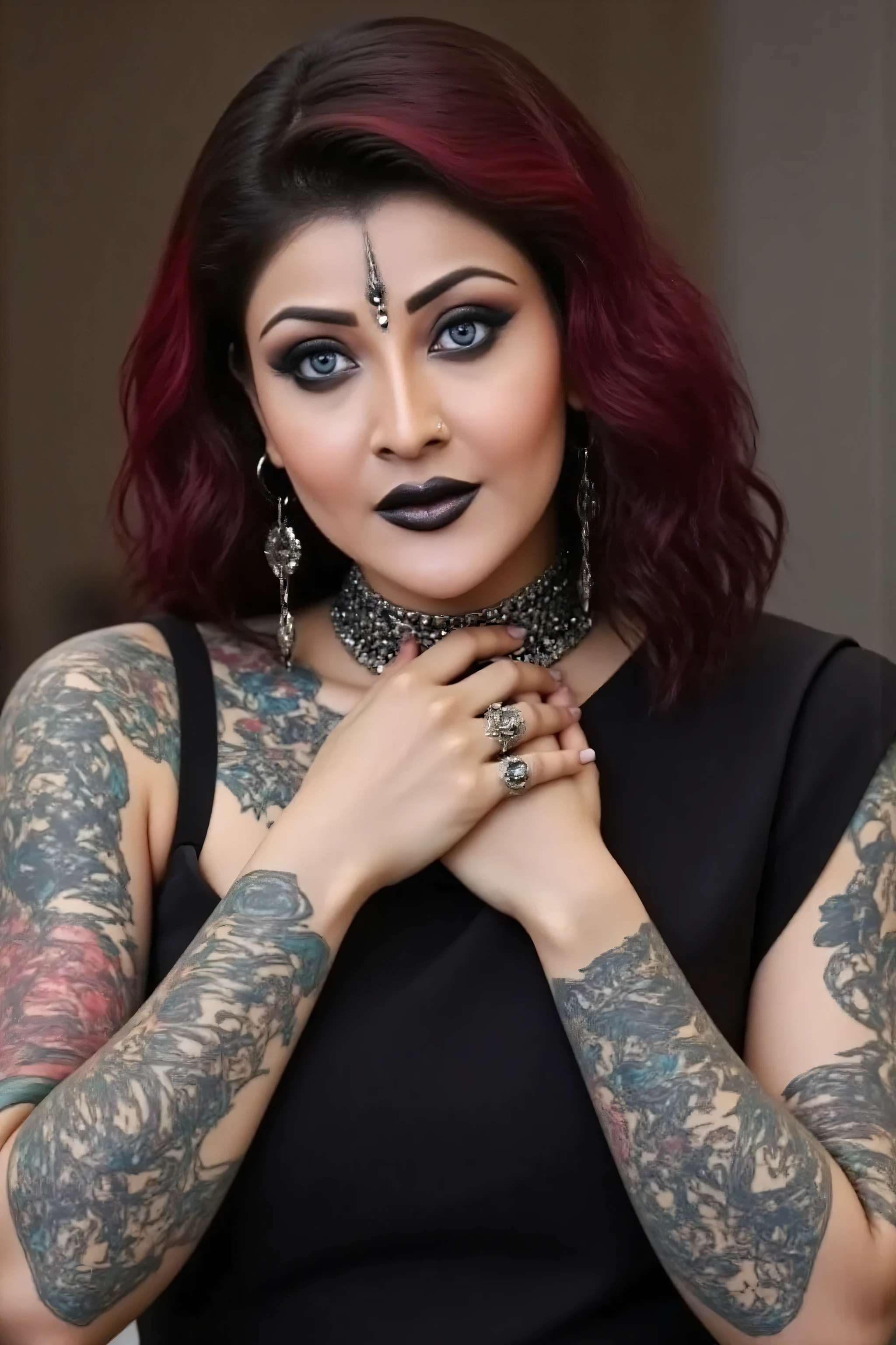 Hyper realistic photo perfect goth vampire, sexy seductive facial features, tattooed face, smooth snow white skin, thin curved black eyebrows. Black eyeliner, dark black eye shadow, Florence neon blue eyes, crazy eyes, thick black lipstick, curved lips,, extremely detailed long black wavy hair, vibrant red highlights in hair, earrings, lip piercings, choker collar with chains, complete fullbody, larg voluptuous breast, devil tattooed breast,devil tattooed Sternum underboob,devil tattooed stomach, slim waist, toned hips, toned thighs, devil tattooed back, devil tattooed hips, age vagina, perfect pussy, thick toned ass, devil tattooed vagina, devil tattooed ass, posing to show armpit