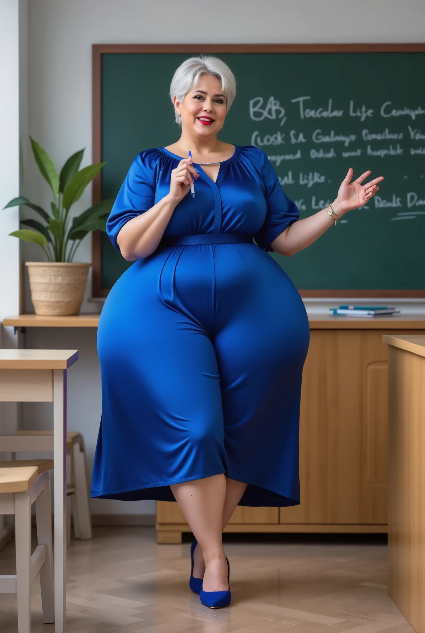 beautiful mature woman, between 55 and 60 years old , curvy body , woman with an hourglass shape (wide hips, narrow waist, thick legs, penis Thick thighs) plus-size woman with generous curves, short white hair (), Wear royal blue satin midi dress, royal blue heels, She is a teacher, He's teaching a class in front of the blackboard, general plane, general point of view, Quality photography.