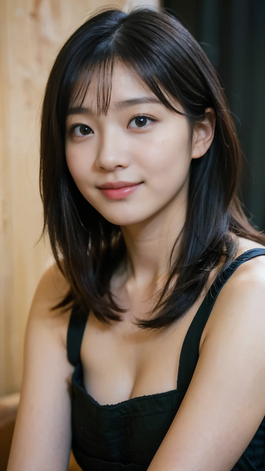 masterpiece,best quality,(Japanese ),((Beautiful girl)),cleavage,(perfect body beauty:1.2),(shy smile),beautiful teeth,(Blurred background of brick buildings),