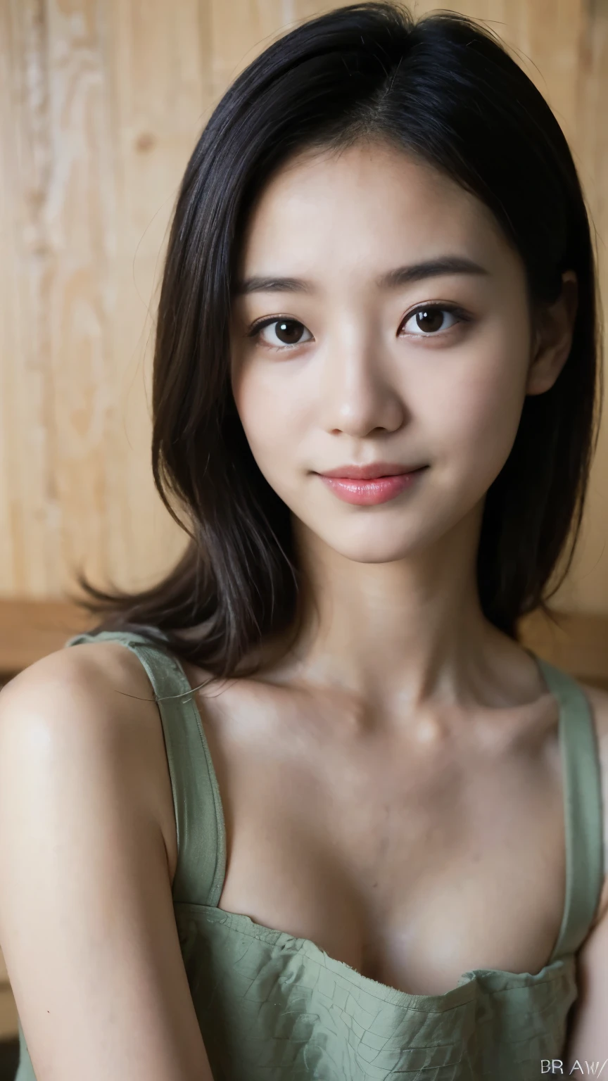 A beautiful Asian girl with a soft smile, brown hair behind ears, white skin, smooth skin, medium breasts size, wearing gray sleeveless shirt, black pants, sitting in the bus, dutch angle, overexposure, caustics, depth of field, motion blur, UHD, retina