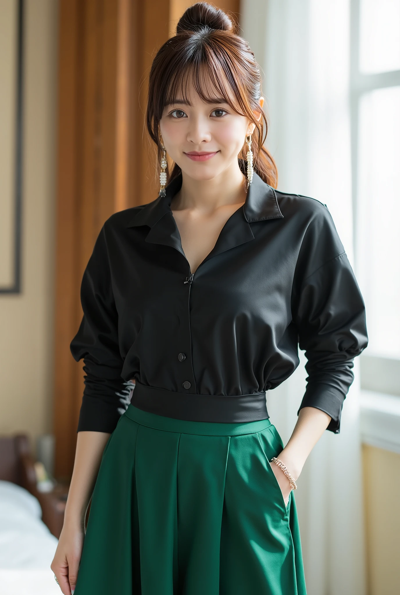 close-up from the waist up,A bright hotel during the day、 when it's bright during the day, facing forward, stares at viewers,smile,has bundled hair、stylish hotel bed、A woman with medium hair is standing、Satin black cold top shoulder collared button shirt、Moss Green Sheath Long Skirt、belt、long swaying pearl earrings、necklace for 1 person、Feminine Watch