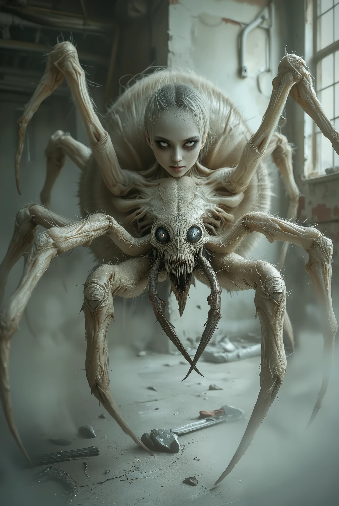 best quality,4k,8k,highres,masterpiece:1.2),ultra-detailed,realistic,photorealistic:1.37,this creature, a terrifying fusion of spider and human female with six arms, embodies a grotesque harmony of two distinct forms. Its upper body retains the unmistakable features of a woman, albeit distorted by the merging process. its eyes gleam with a sinister intelligence, more arachnid than human. (stunning lips, white skin:1.3),
From the torso sprout four additional limbs, elongated and jointed like a spider's, yet retaining a disturbingly human fleshiness. These arms are equipped with fingers that end in sharp, chitinous claws, capable of rending flesh with ease.
The lower body is a fusion of spider and human anatomy, with the abdomen stretching out behind like that of a monstrous arachnid. Jagged spines protrude from its exoskeleton, each one a reminder of its unnatural origins. The legs, a grotesque combination of human thighs and spider's hairy appendages, provide both agility and strength, enabling it to skitter across surfaces with alarming speed and grace.
In its presence, one cannot help but feel a primal fear, as if staring into the abyss where human and arachnid merge to create a nightmare incarnate. neon colored