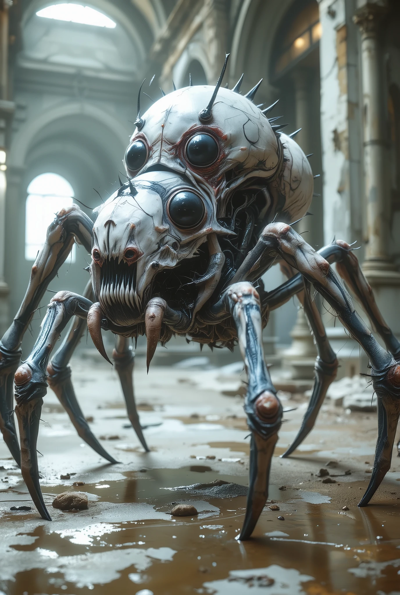 best quality,4k,8k,highres,masterpiece:1.2),ultra-detailed,realistic,photorealistic:1.37,this creature, a terrifying fusion of spider and human female with six arms, embodies a grotesque harmony of two distinct forms. Its upper body retains the unmistakable features of a woman, albeit distorted by the merging process. its eyes gleam with a sinister intelligence, more arachnid than human. (stunning lips, white skin:1.3),
From the torso sprout four additional limbs, elongated and jointed like a spider's, yet retaining a disturbingly human fleshiness. These arms are equipped with fingers that end in sharp, chitinous claws, capable of rending flesh with ease.
The lower body is a fusion of spider and human anatomy, with the abdomen stretching out behind like that of a monstrous arachnid. Jagged spines protrude from its exoskeleton, each one a reminder of its unnatural origins. The legs, a grotesque combination of human thighs and spider's hairy appendages, provide both agility and strength, enabling it to skitter across surfaces with alarming speed and grace.
In its presence, one cannot help but feel a primal fear, as if staring into the abyss where human and arachnid merge to create a nightmare incarnate. neon colored