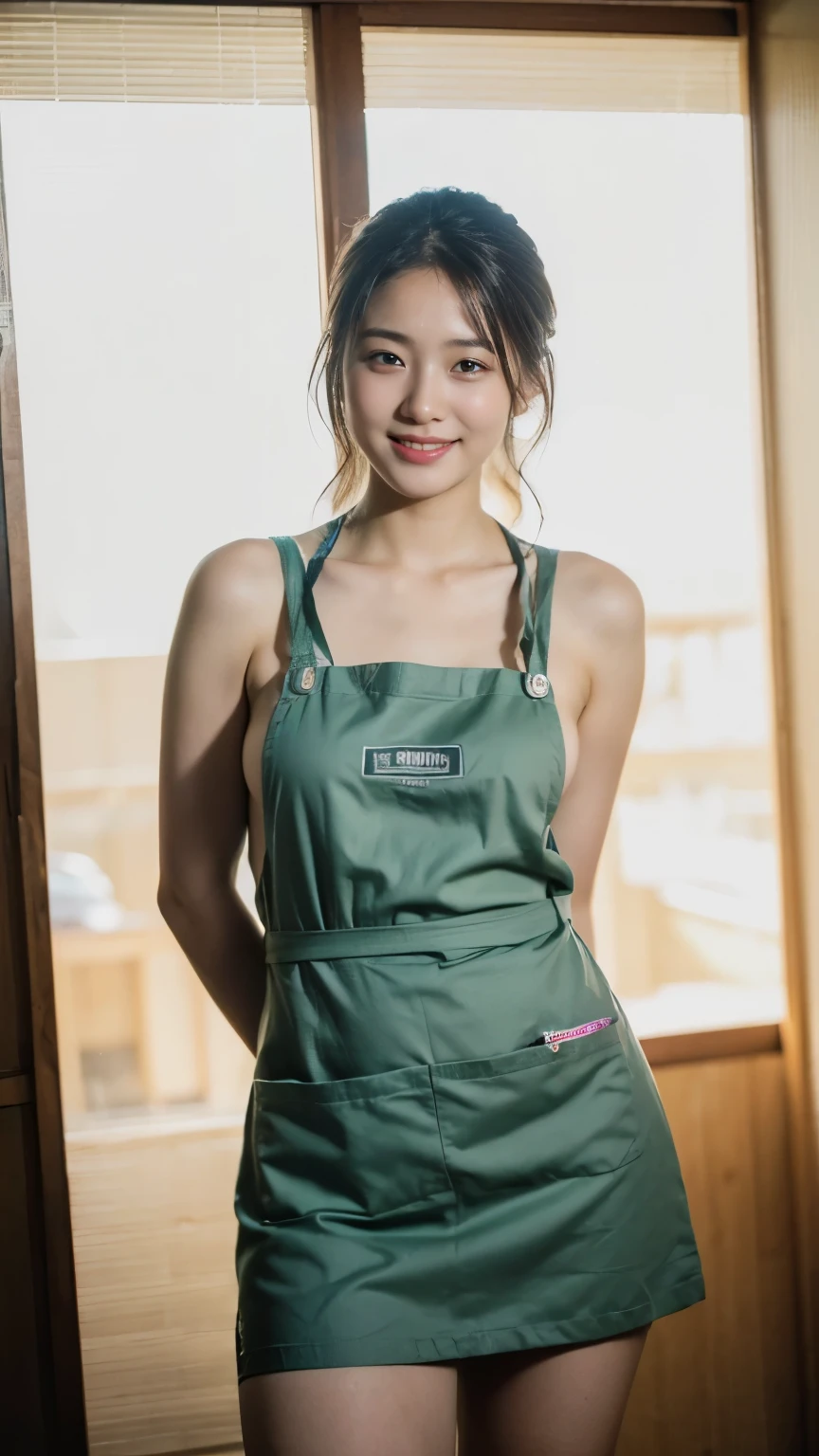 (Realistic、Photorealistic、Ultra-detailed、Highest Detail Skin、highest quality、masterpiece、超A high resolution)、Very cute Japanese woman、18-year-old、Gradient lighting、One Girl、Purelos Face、(((Naked Apron、Wear only an apron、Green apron only、No clothes)))、((Coffee shop clerk、Serve customers at the counter))、On the bed、Laughter、Realistic skin types、Perfect Style、Gravure idol pose、shortcut、double eyelid