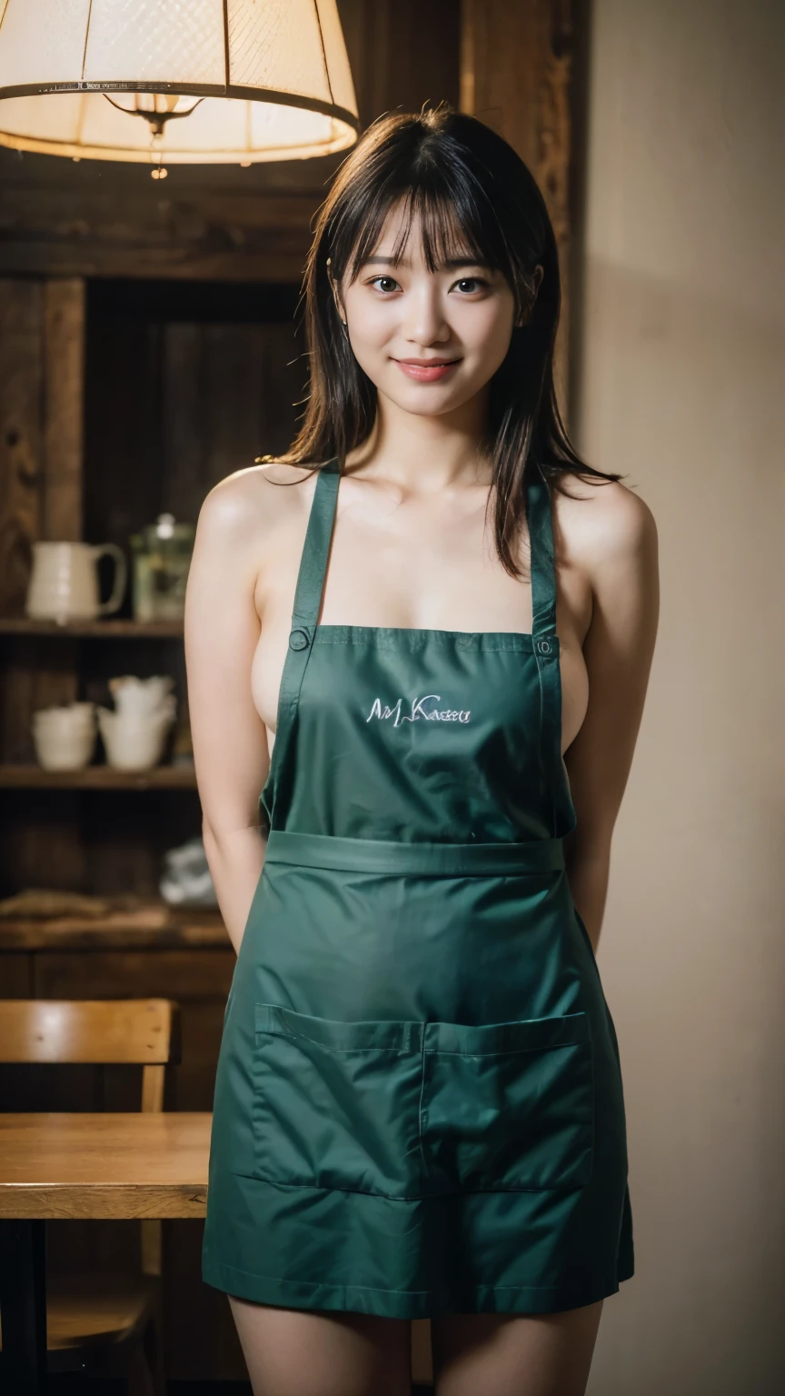 photorealistic, best quality, (hyper detailed: 1.4), (((the process of cooking dinner:1.3))), long distance shot, ((great body:1.5)), photosession, green eyes, dark black hair, Detailed eyes, ((wearing apron:1.5)). beautiful young asian woman, (Highly detailed face:1.4), smile. exuding a natural glow, soft lightning, evening time, kitchen view, jaw-dropping beauty, sexy, seductive, vivid colors