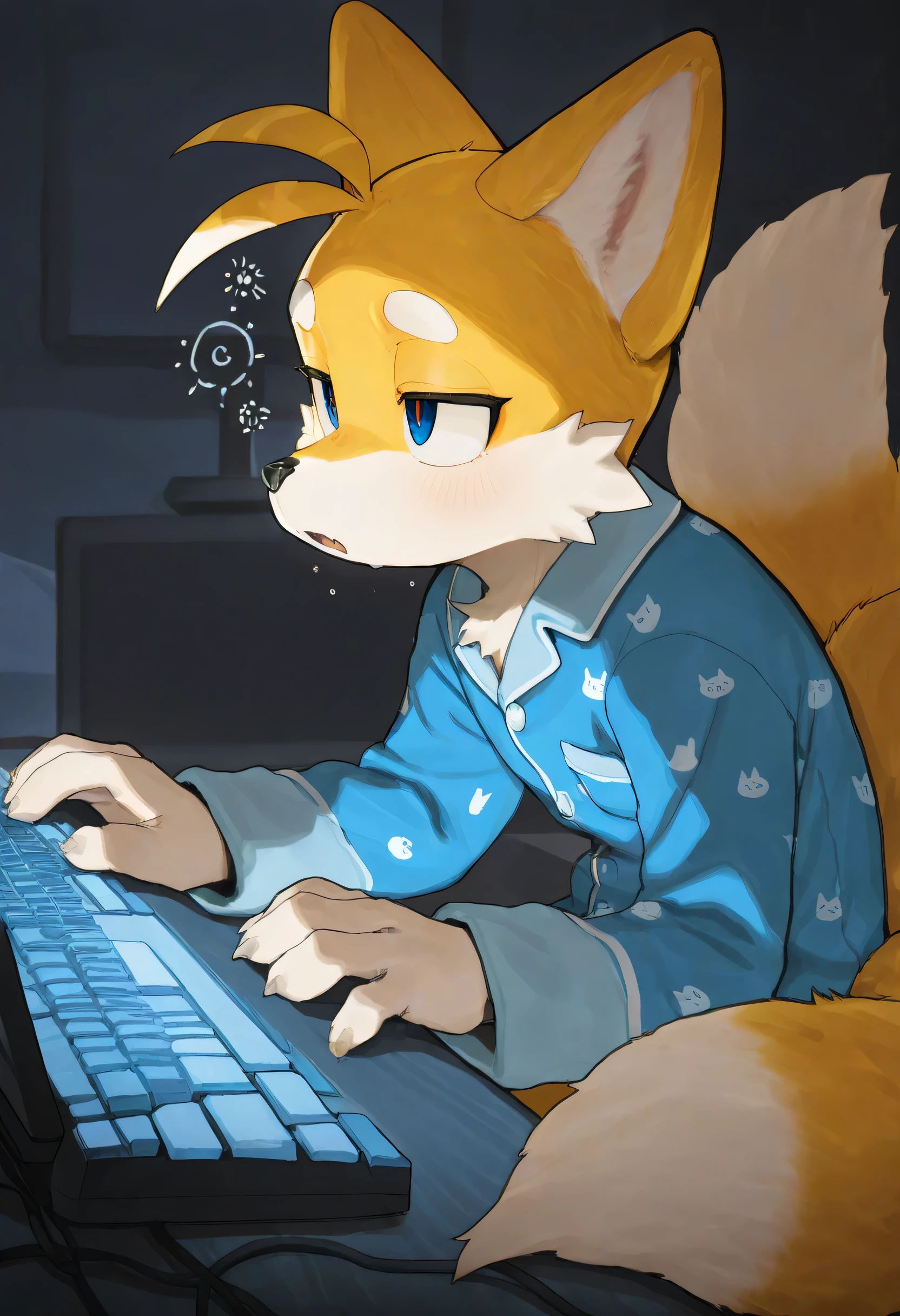 soft shading, 4k, hi res, detailed face, detailed, Best quality, masterpiece, detailed anatomy, detailed eyes, perfect shading, by K0BIT0WANI, by Bebebebe, by Uiokv, by Buta99, by Zackary911, solo male, fox, tails_prower, yellow fur, two tails, blue eyes, sleepy face, tech pajamas, in front of the computer, moving the keyboard, top left side view, in the bedroom