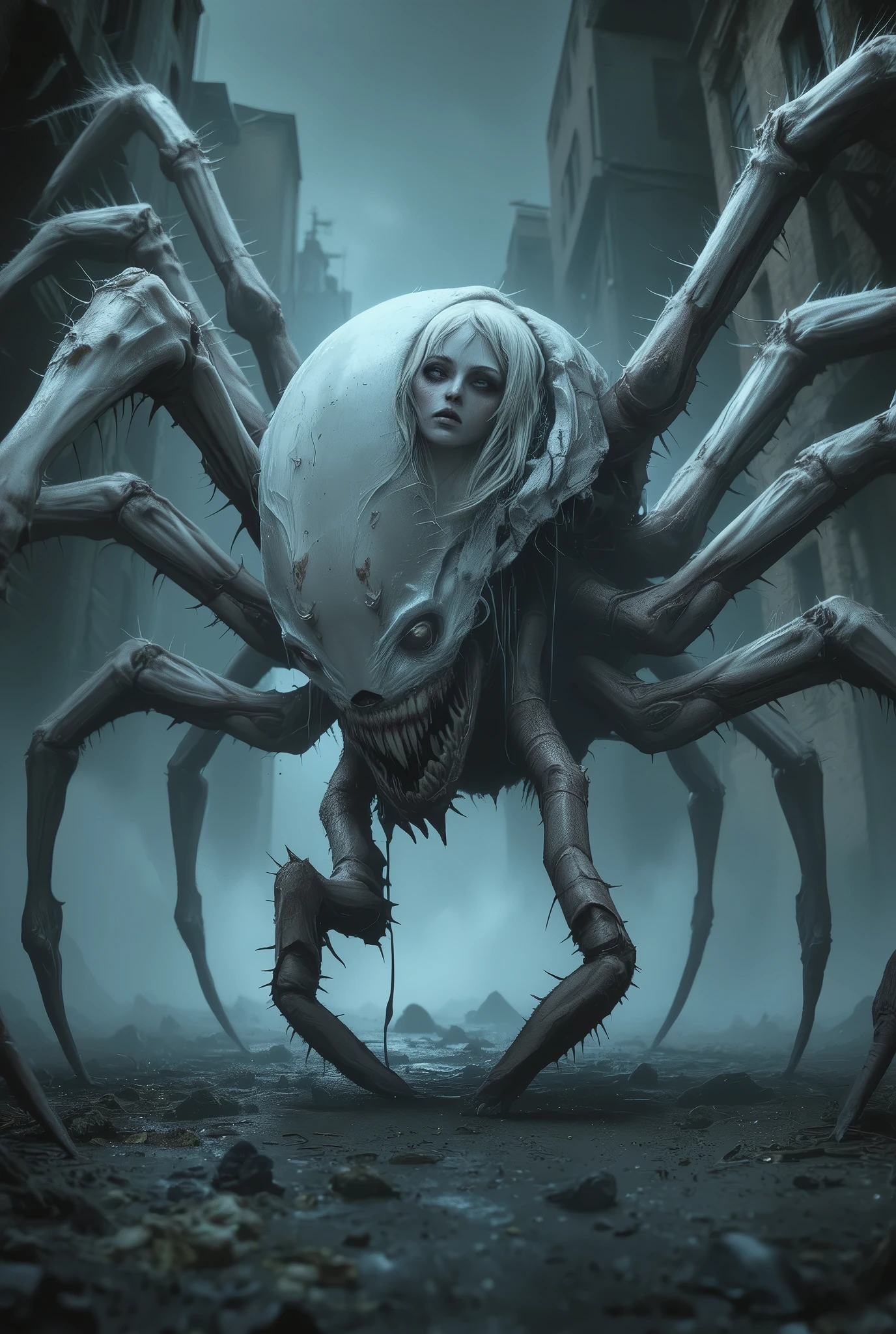 best quality,4k,8k,highres,masterpiece:1.2),ultra-detailed,realistic,photorealistic:1.37,this creature, a terrifying fusion of spider and human female with six arms, embodies a grotesque harmony of two distinct forms. Its upper body retains the unmistakable features of a woman, albeit distorted by the merging process. its eyes gleam with a sinister intelligence, more arachnid than human. (stunning lips, white skin:1.3),
From the torso sprout four additional limbs, elongated and jointed like a spider's, yet retaining a disturbingly human fleshiness. These arms are equipped with fingers that end in sharp, chitinous claws, capable of rending flesh with ease.
The lower body is a fusion of spider and human anatomy, with the abdomen stretching out behind like that of a monstrous arachnid. Jagged spines protrude from its exoskeleton, each one a reminder of its unnatural origins. The legs, a grotesque combination of human thighs and spider's hairy appendages, provide both agility and strength, enabling it to skitter across surfaces with alarming speed and grace.
In its presence, one cannot help but feel a primal fear, as if staring into the abyss where human and arachnid merge to create a nightmare incarnate. neon colored