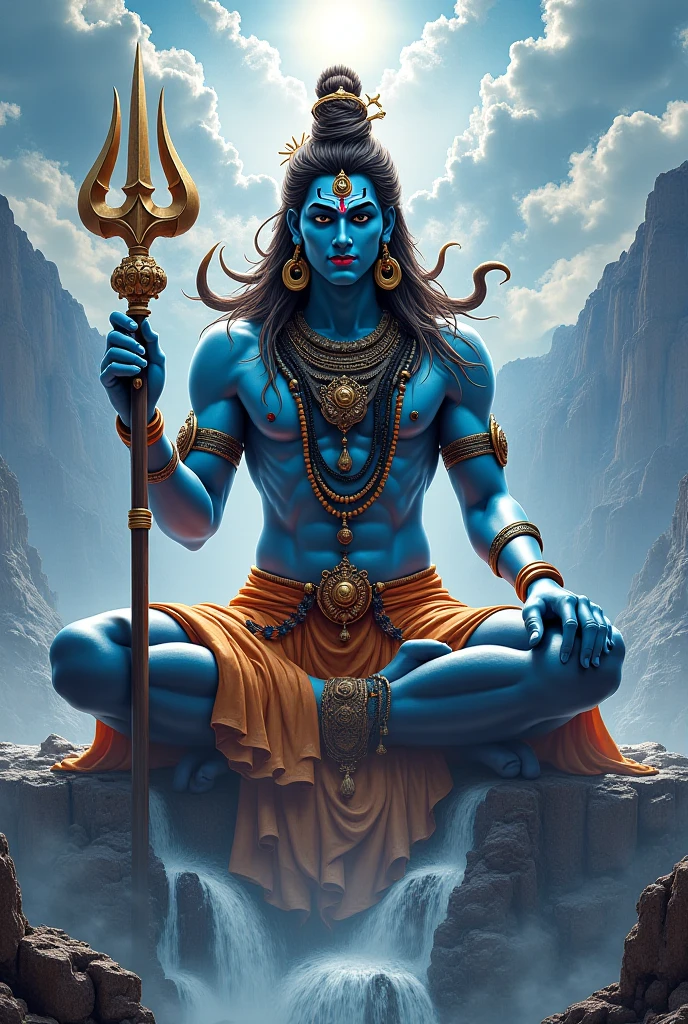 a man (fit big body ,blue body, head's eye,goddess cloth , background big om latter lite,near stand trident, background om latter)sitting on mountain flight shiva, lord shiva, god shiva the destroyer, hinduism, hindu gods, neck around snake , devainart, by Max Dauthendey, shakti, beautiful depiction, goddess art, inspired by Kailash Chandra Meher, hindu art, hindu god, nirvana, vish ,devi Parvati and bhagavan shiv shankar (hindu)
,dark stand position