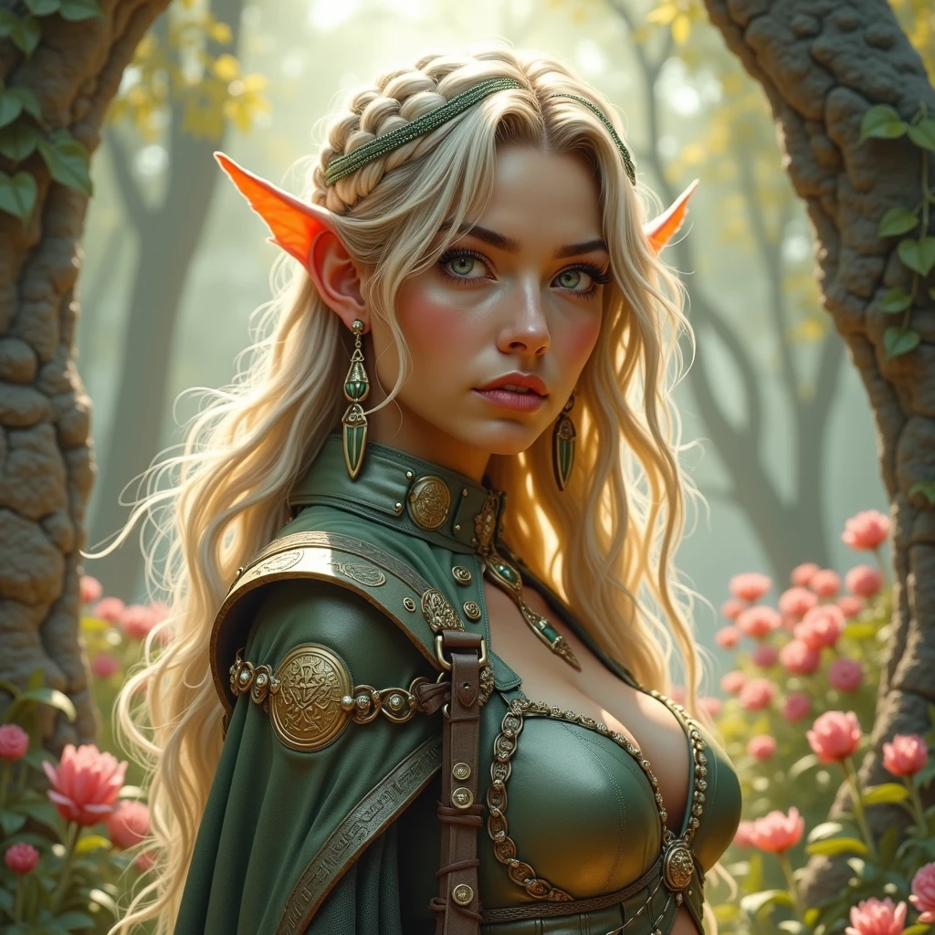Masterpiece illustration, very detailed face, an immortal sexy elf with timeless beauty, long elegant slim face, defined cheekbones, stunning and beautiful smile, detailed eyeliner and eyeshadow, elegant light hair, enchanting and elegant, detailed full cleavage, very sexy slim figure, elegantly sexy, silk cape, vibrant green silk clothes, in a vibrant magical forest, ambient light, rim light, dynamic view,